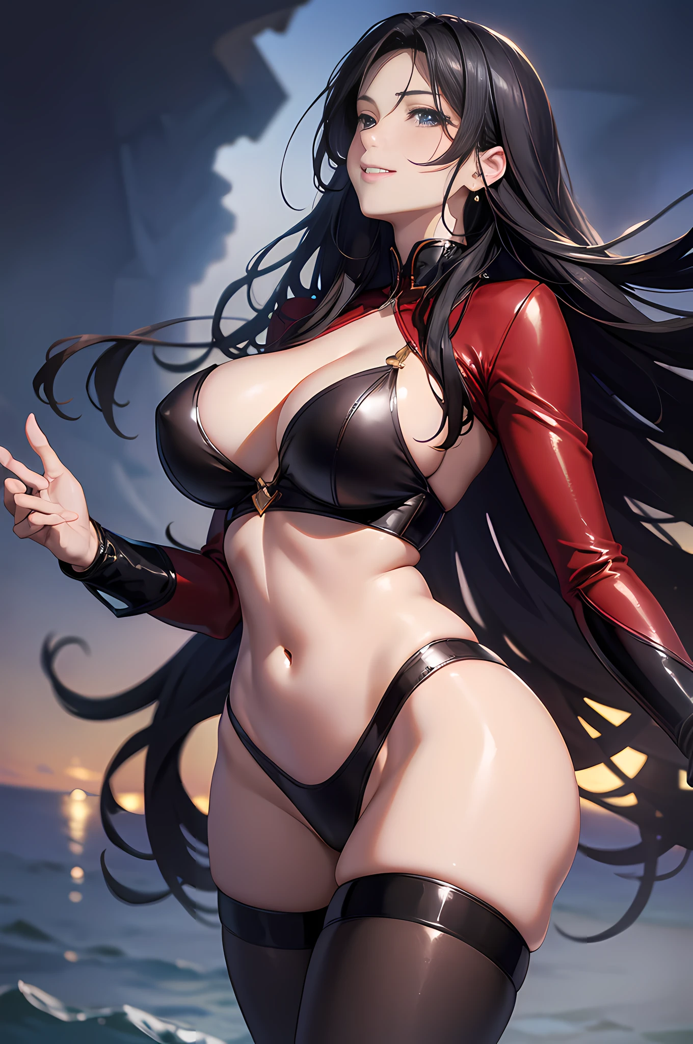 Yor forger, highres, ultra detailed, (1girl:1.3), (dynamic pose):1.0 BREAK, 1 extremely beautiful and glamorous Korean actress walking the beach at night, wearing a red luxury gorgeous coat, (black stockings), she has black wavy long hair style, gigantic-breasted, smile, happy, wind, 8 life size, detailed clothes, detailed body, detailed arms, human hands, detailed hands, upper body image, blush, light smile, looking up afar, attractive hip line, from behind, Lights are lit around the beach and stars are shining in the sky, studio soft light, cinematic light, detailed background, realistic, ultra-realistic, masterpiece,