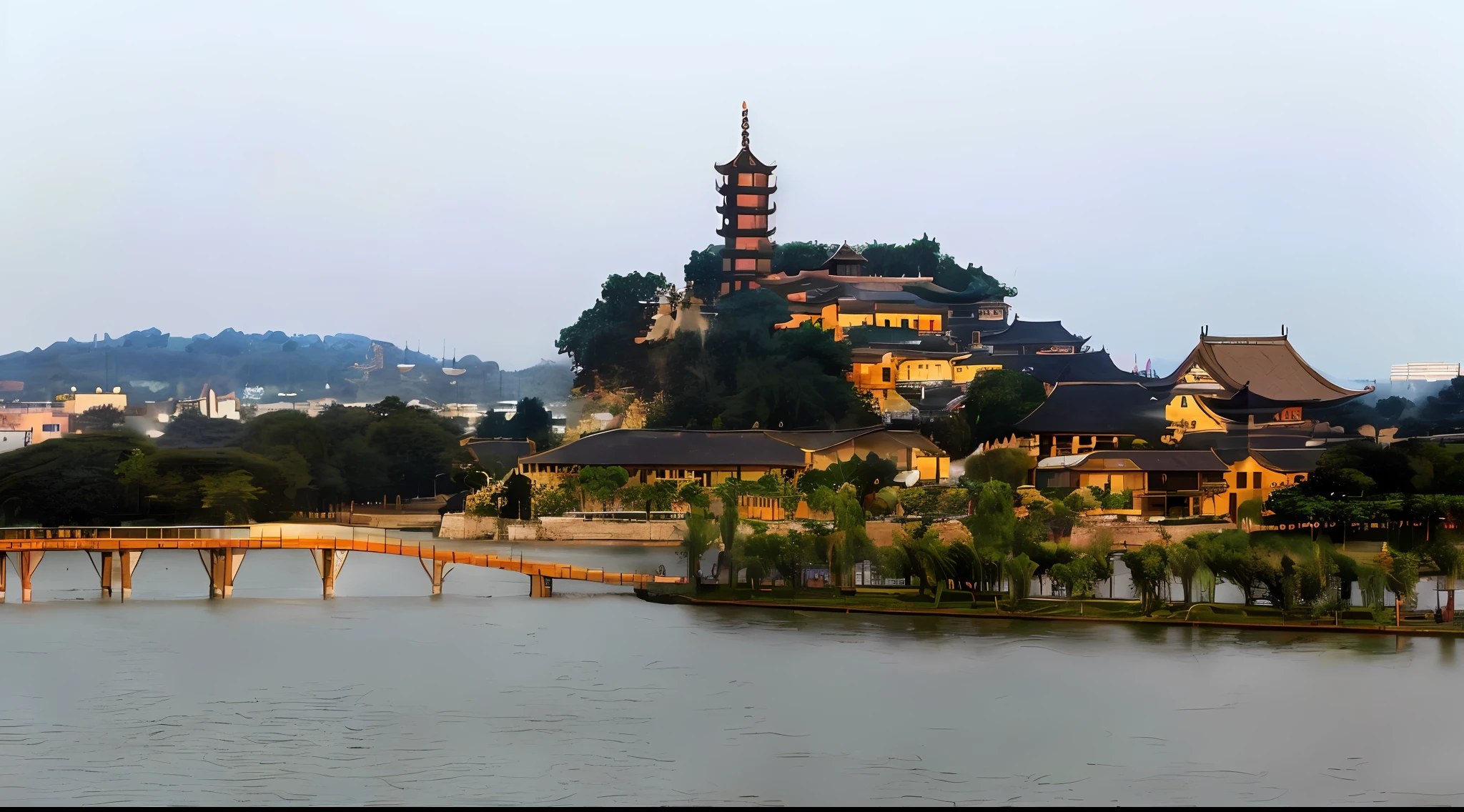 there is a large body of water with a bridge and a building in the background, hangzhou, guangjian, ancient chinese architecture, pagodas on hills, tang dynasty palace, riverside, an ancient, historical setting, song dynasty, dreamy chinese town, pagoda, chinese architecture, full - view, chinese landscape, qiangshu, jin shan