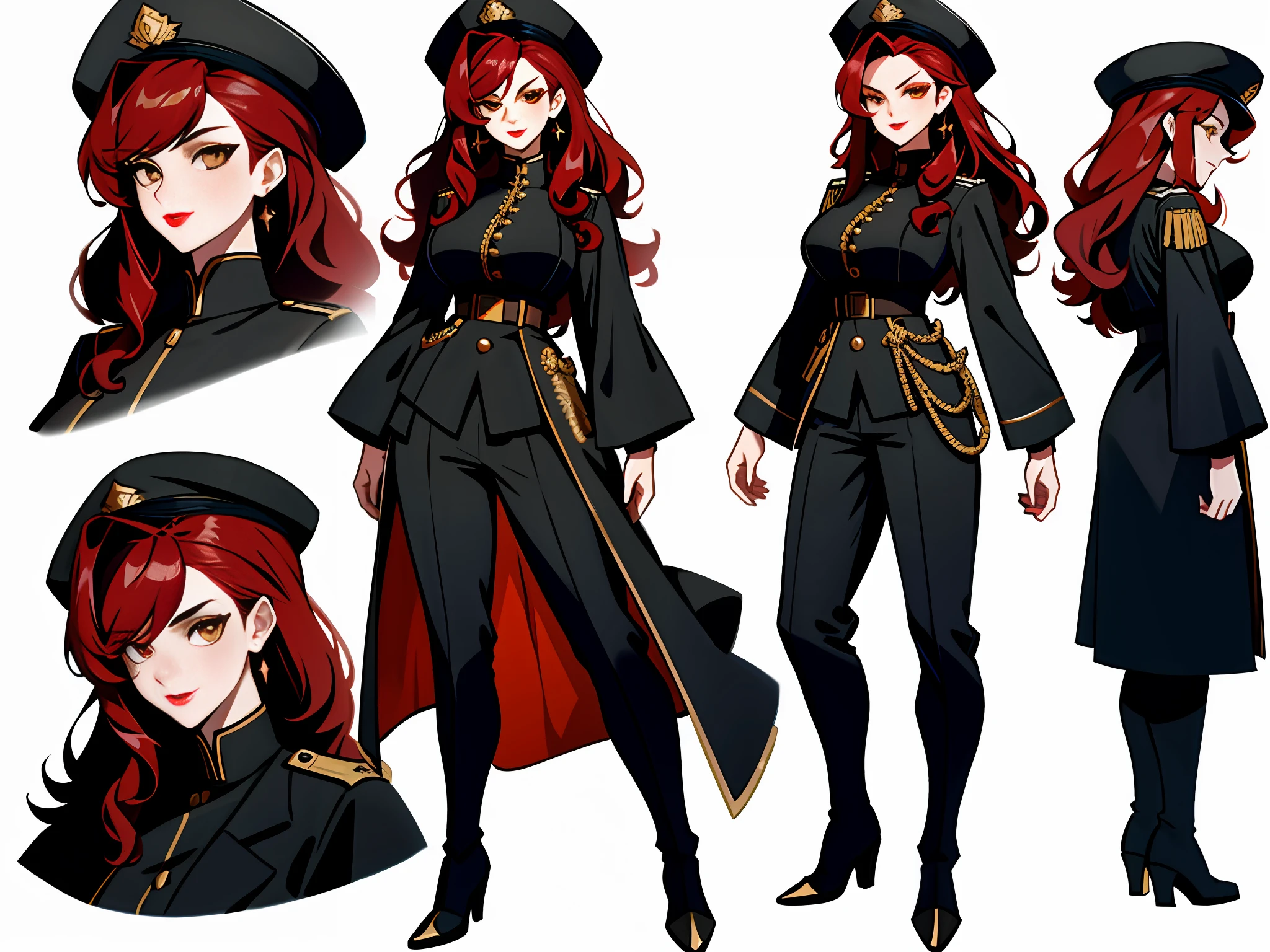 Masterpiece: 1.6, best quality: 1.4, live image: 1.2, intricate details: 1.2, charturnerv2: 1.2, 1lady full body character change,
Appearance: milf: 1.25, thin: 1.3, golden eyes, medium breasts, detailed eyes, quality eyes,
Clothing: elegant white military uniform, black long throw pants, long black thigh boots with laces and thick heels.
Accessories: black elegant military hat, black earrings.
Hair: passion red hair, long curly hair.
Makeup: natural, shiny skin, red lips.
(single background, white background: 1.3), multiple views, multiple views of the same character in the same outfit: 1.3.