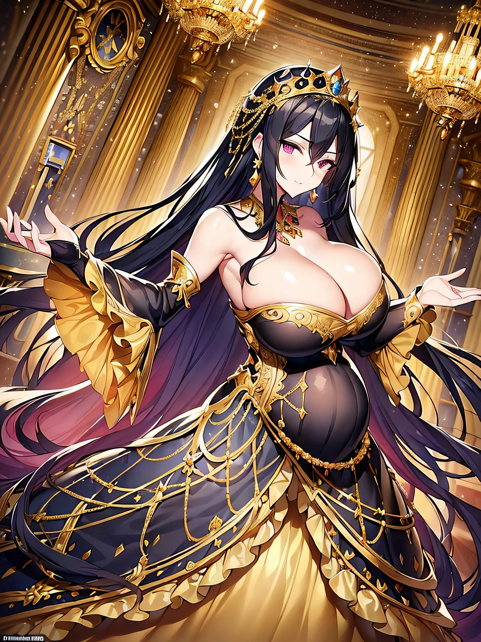 ((anime moe artstyle)),(((Masterpiece))), ((Best Quality)), ((Super Detail)), (Illustration), (((Very Delicate and Beautiful))),Dynamic Angle,Looking at viewer,((((Solo)))),((1 arrogant lady)),(((an arrogant beautiful fantasy empress))),(((Full body))),Standing,royal elegant pose,((dominant pose)),(arrogant),((haughty smile)),Purple eyes,(Sharp eyes),Detailed Face, Long Eyelashes,(Jet Black Hair),(Straight Hair),(((Very Long Hair))),Bangs between eyes, ((((gigantic breasts)))),cleavage,(skindentation),curvy,(ball gown with gorgeous embroidered black and gold ruffles),(gorgeous embroidered black and gold ball gown),(fluffy Black and gold ballgown with gorgeous embroidery),corset,((hoop skirt)),princess dress with lots of jewels,((gorgeous embroidery)),(gold trim),((crinoline)),opera gloves,finely decorated jeweled tiara, gem earrings,finely decorated necklace,Beautifully jeweled ornaments,indoor,royal ballroom,light particles,((heavily pregnant)),((last month of pregnancy))