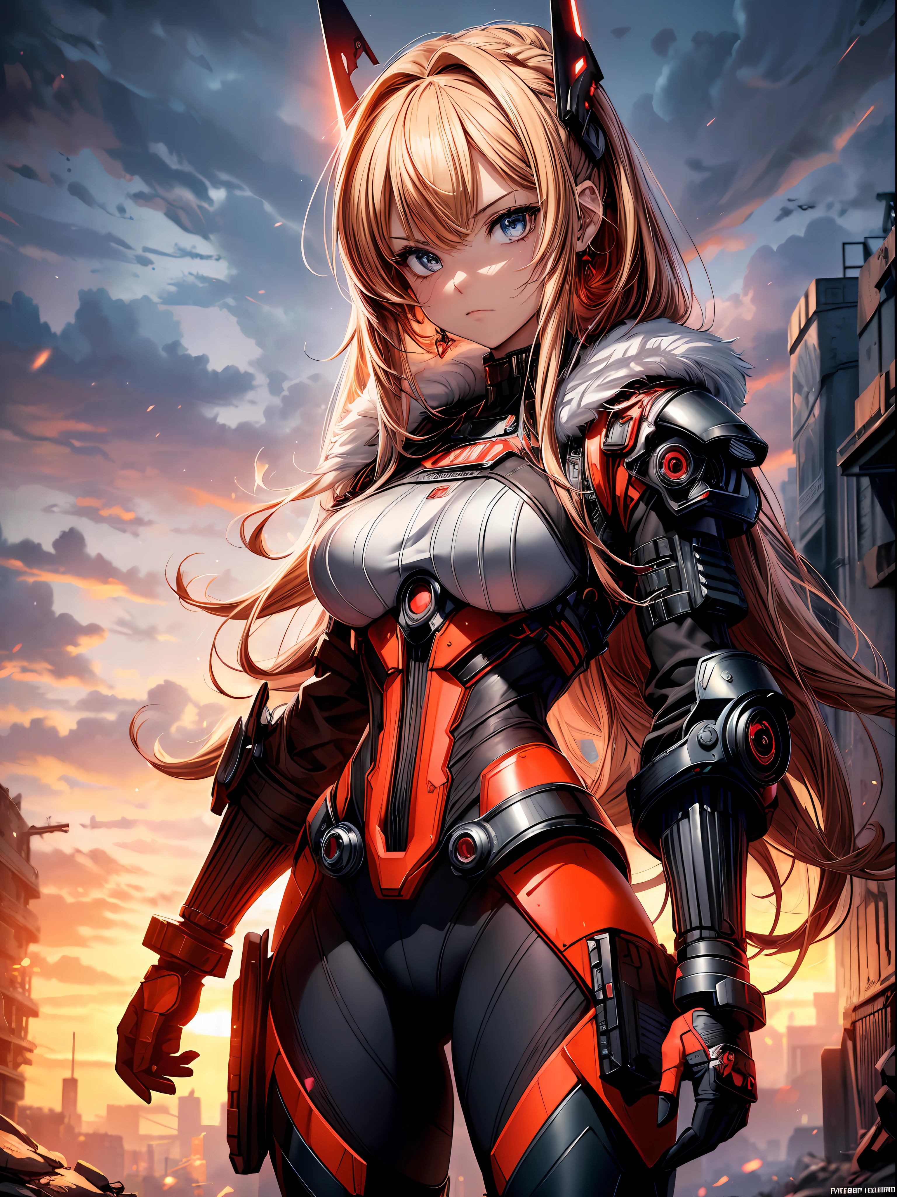 ((Best quality)), ((masterpiece)), ((highly intricate details)),beautiful, high quality, highres, absurdres, light difussion, intricate details, complex details, ((anime)), (anime:1.2) , (perfect face:1.3), extreme detailed eyes, colorful, highest detailed, vibrant colors, high contrast, (8K UHD:1.2), (photorealistic:1.2),(masterpiece:1.4), (best quality:1.4),extremely detailed wallpaper, highly detailed illustrations, (1 Girl), (best lighting) , (super-complex details) , 4K unified, (super-detailed CG: 1.2) , (8K: 1.2),(original), (masterpiece) , (best quality) , (reality: 1.3) , photorealistic, Octane rendering, (surreal: 1.2) , 1girl, standing, burning, battle dress, mechanical parts, glowing red neon armor, red braided hair, nuclear fallout scenery, (sunset), lightning, dark sky, night sky, full body, standing pose, bi lighting, strong lighting, reflective armor, cybernetic parts, cyborg, fur-trimmed coat, (light particles), red flames, earrings, red ribbon Negative prompt: (easynegative:1.2)