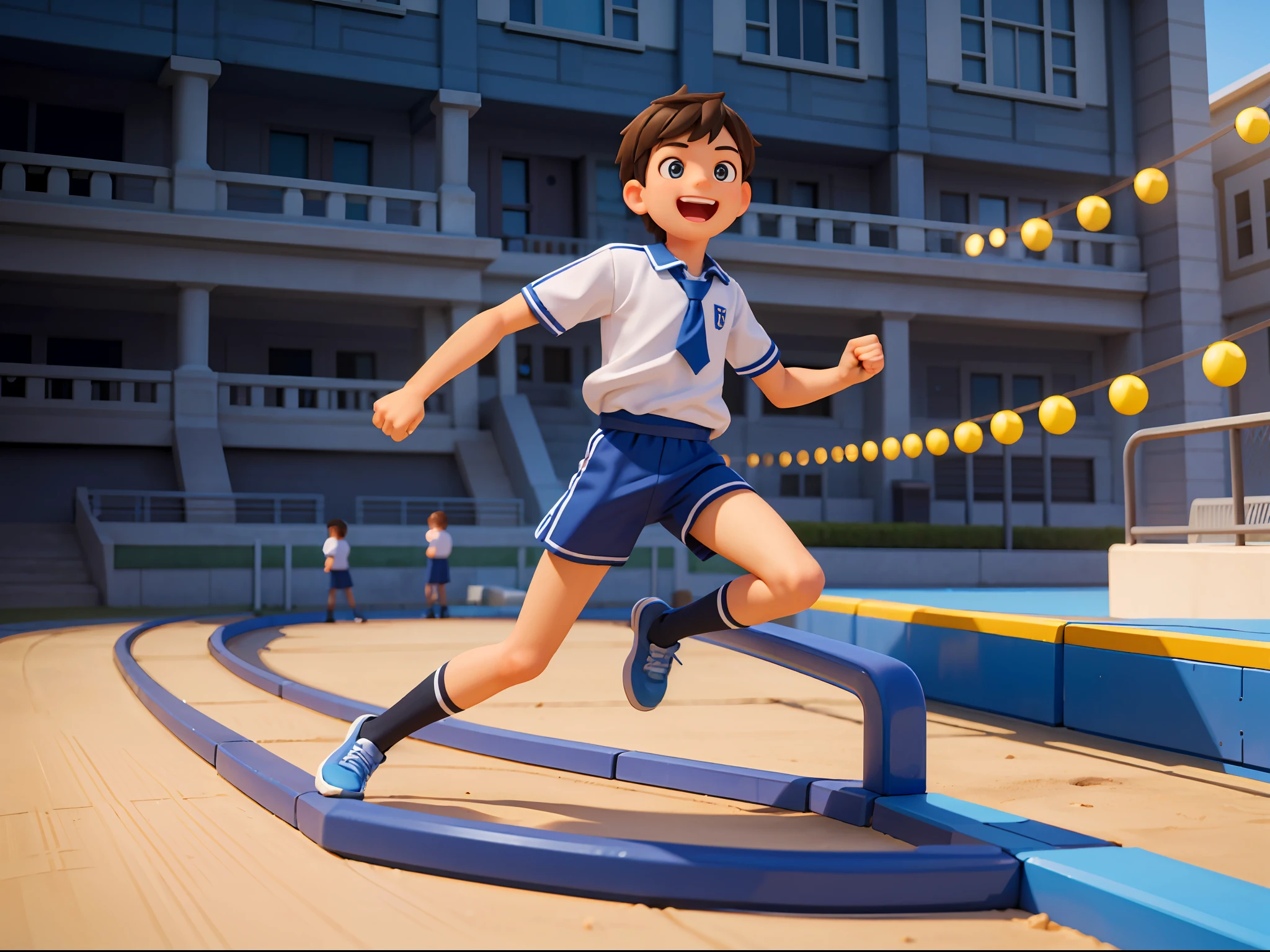 A boy (character in 1:2 aspect ratio), blue, black and white stick, school uniform, school playground, race track, crossing the finish line, victory, joy, joy, perfect quality, clear focus, (Masterpiece: 1.2) (Realistic: 1.2) (Bokeh) (Best quality) (Detailed skin: 1.3) (Intricate details) (8K) (Detail eyes) (Sharp focus), (Happy)