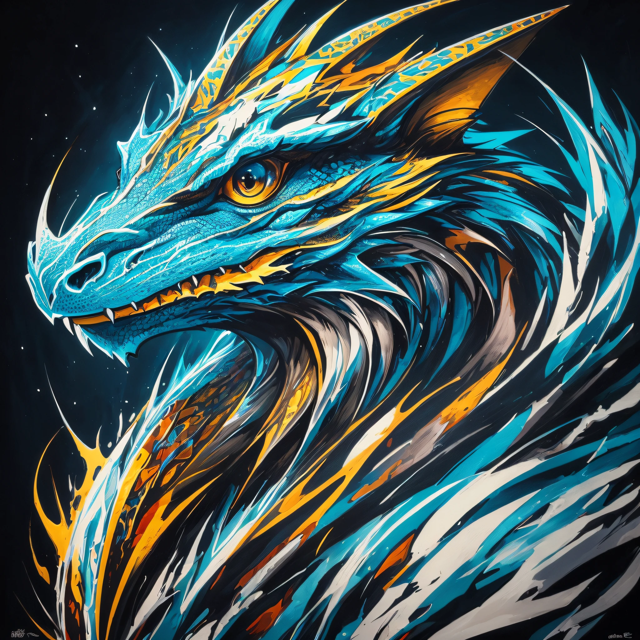 An image of a stunning portrait of a Dragon (animal), painted in a bold and expressive style, illuminated by a dramatic spotlight, extremely detailed, ultra realistic, 10k high resolution, in the style of caricature, cartoon, manga, Pop Art, Surrealism, Abstract Expressionism, Blue and White --auto --s2