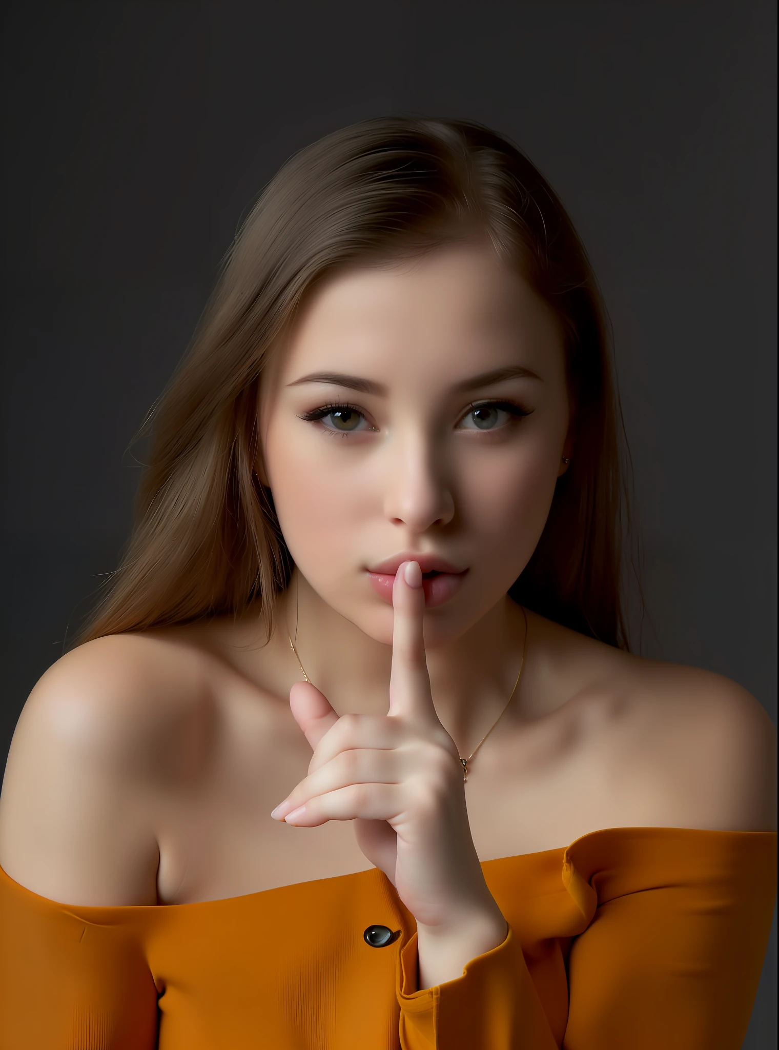there is a woman with a finger on her lips, hand over her mouth, hand on her chin, closeup photo portrait, beautiful young woman, beautiful young woman, young woman photo, cute portrait photo, studio photography portrait, infp young woman, sensual young woman, big round nose closed lips, photoshoot portrait, young woman, portrait shot, hand on cheek, (((dark background)))