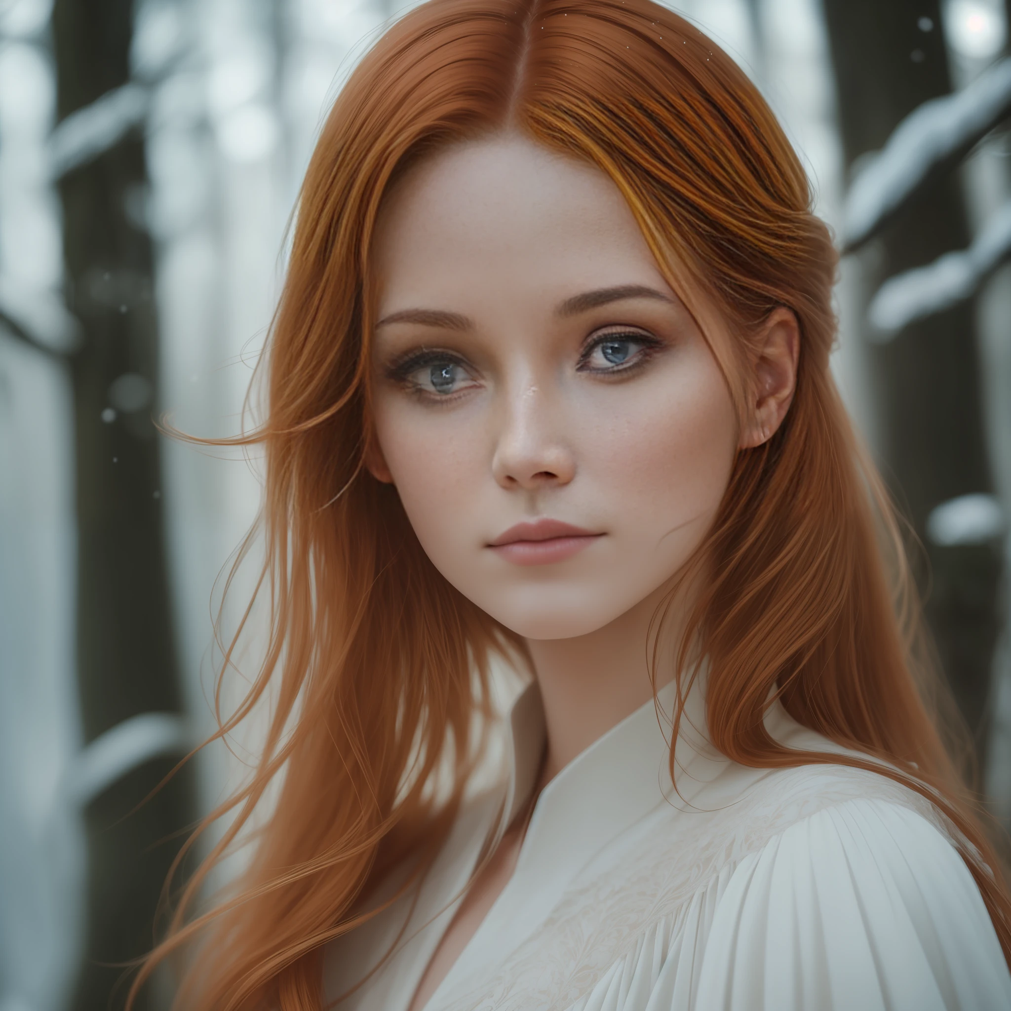close up of a european woman, ginger hair, winter forest, natural skin texture, 24mm, 4k textures, soft cinematic light, RAW photo, photorealism, photorealistic, intricate, elegant, highly detailed, sharp focus, ((((cinematic look)))), soothing tones, insane details, intricate details, hyperdetailed, low contrast, soft cinematic light, dim colors, exposure blend, hdr, faded
