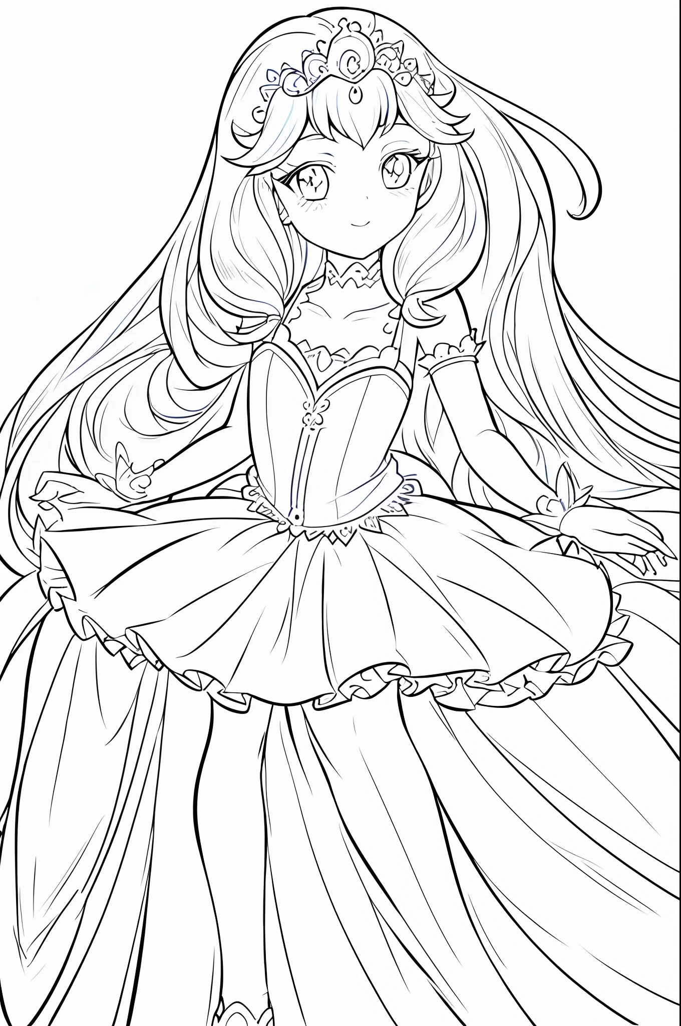 princess disney style, simple, few details, minimalist masterpiece, best quality, lineart, monochrome, white, black and white background, coloring book for children, on paper, full page, free lines, highly detailed art line, to print