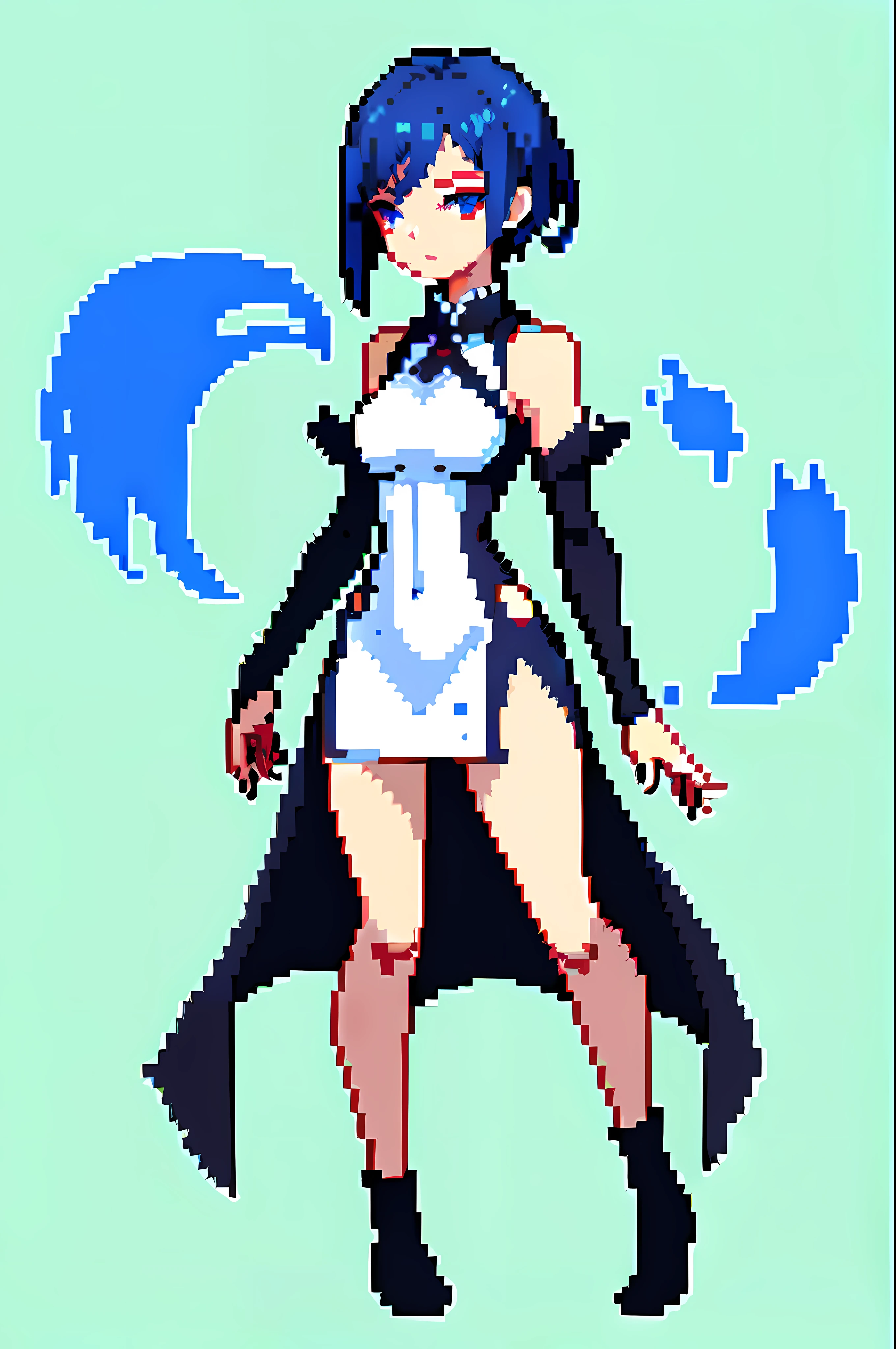 (masterpiece, top quality, best quality), pixel, pixel art, 1girl, full body, blue hair, red eyes, torn clothes
