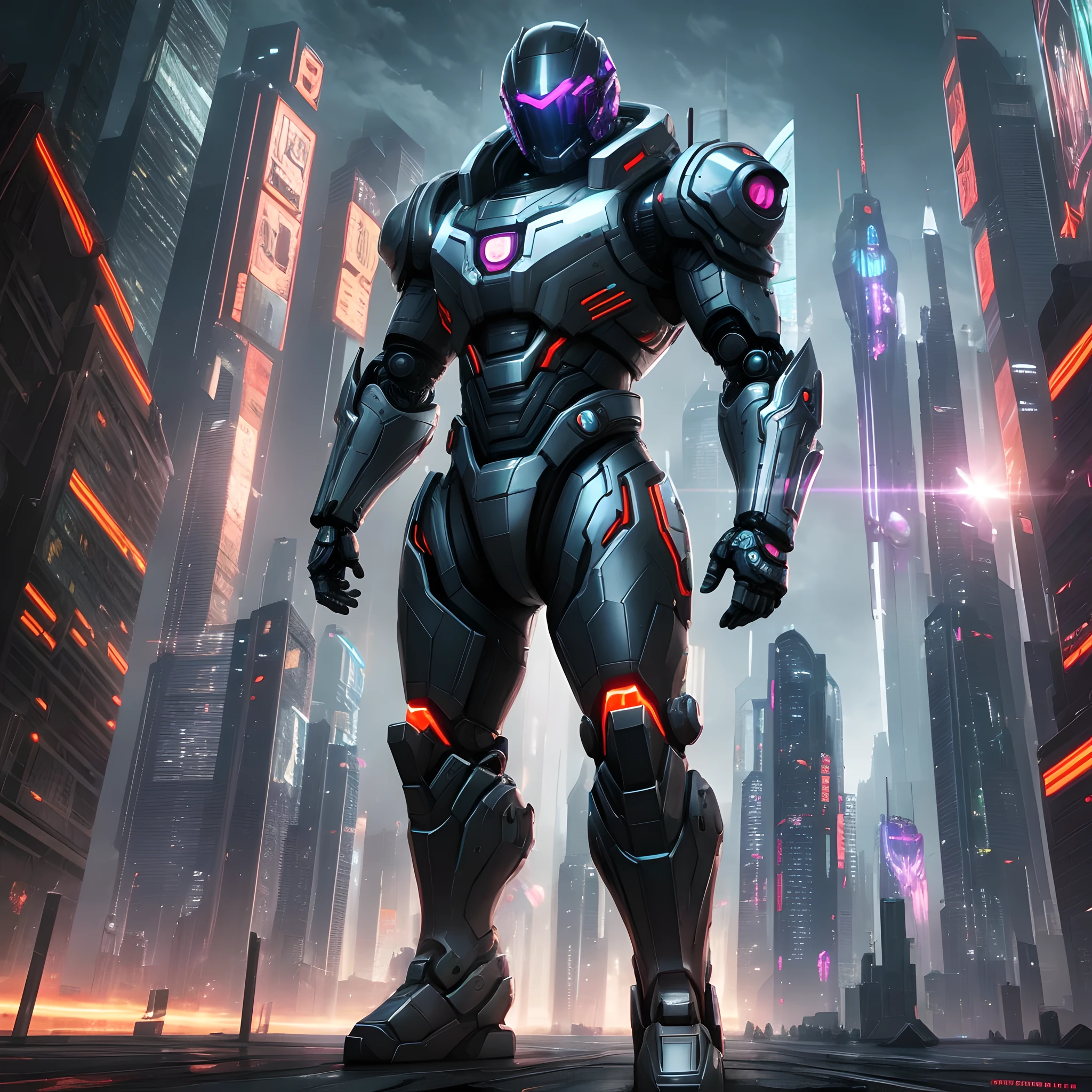 Dark_ Fantasy, Cyberpunk, High Resolution, Futuristic Science Fiction Helmet Wearing a Mechanical Suit, Mechanical Wonder, Robotic Presence, Full Body, Alternate Pose --auto --s2