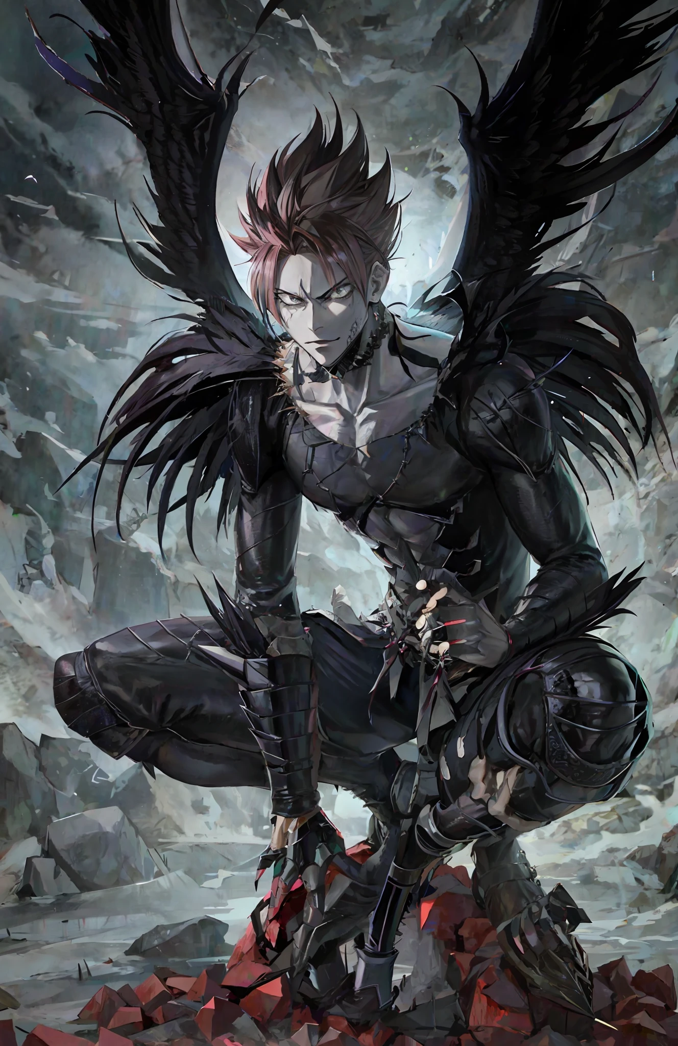 a drawing of a male demon with wings on his head, beautiful male god of death, death note style, badass anime 8 k, shinigami, handsome guy in demon slayer art, he's very menacing and evil, death note , d & d, detailed anime character art, anime epic artwork, anime character, death note, 4 k manga wallpaper