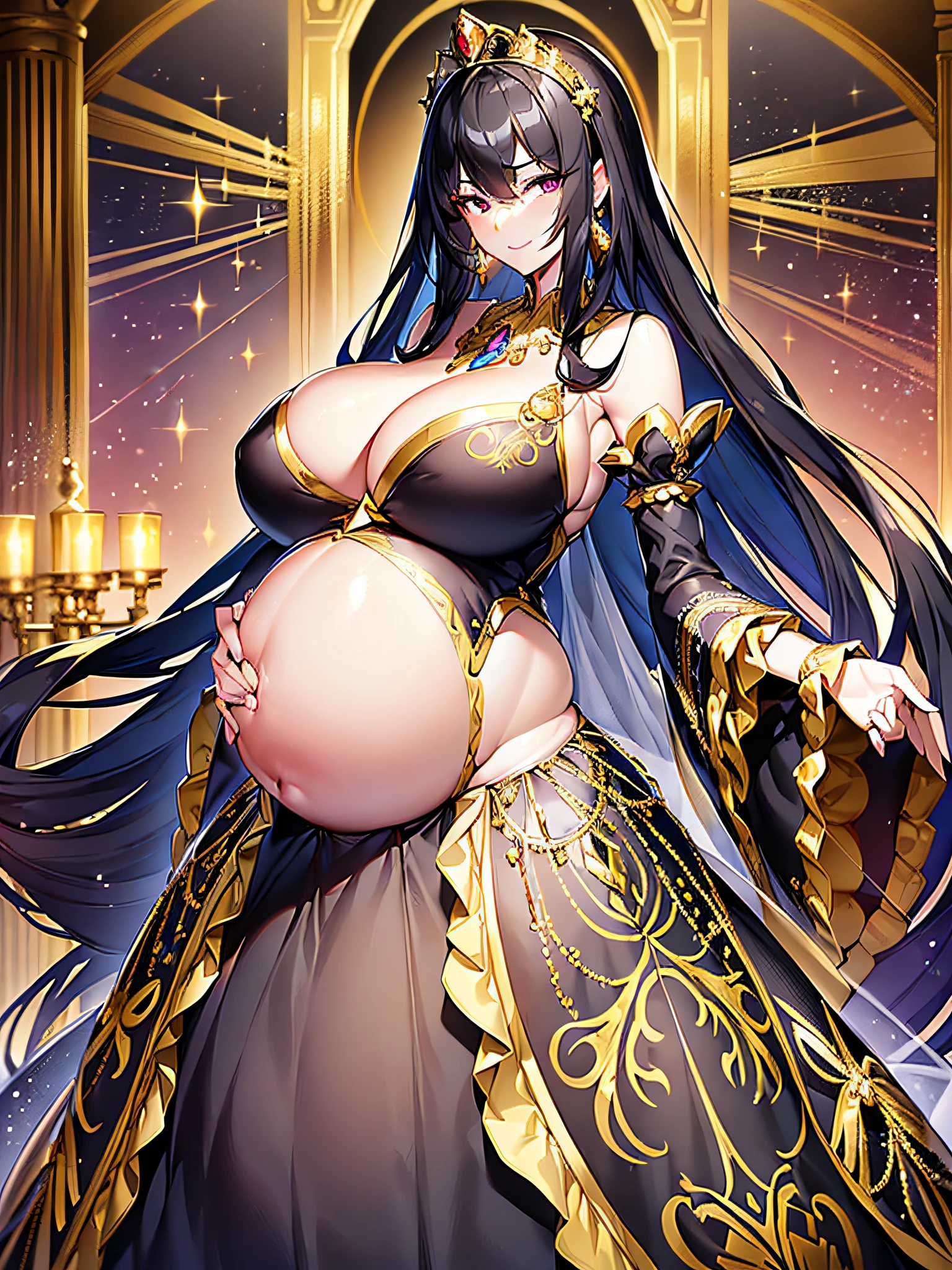 ((anime moe artstyle)),(((Masterpiece))), ((Best Quality)), ((Super Detail)), (Illustration), (((Very Delicate and Beautiful))),Dynamic Angle,Looking at viewer,((((Solo)))),((1 arrogant lady)),(((an arrogant beautiful fantasy pregnant empress))),(((Full body))),Standing,royal elegant pose,((dominant pose)),(arrogant),((haughty smile)),Purple eyes,(Sharp eyes),Detailed Face, Long Eyelashes,(Jet Black Hair),(Straight Hair),(((Very Long Hair))),Bangs between eyes, ((((gigantic breasts)))),cleavage,(skindentation),curvy,(ball gown with gorgeous embroidered black and gold ruffles),(gorgeous embroidered black and gold ball gown),(fluffy Black and gold ballgown with gorgeous embroidery),corset,((hoop skirt)),princess dress with lots of jewels,((gorgeous embroidery)),(gold trim),((crinoline)),opera gloves,finely decorated jeweled tiara, gem earrings,finely decorated necklace,Beautifully jeweled ornaments,indoor,royal ballroom,light particles,(heavily pregnant),(last month of pregnancy),(((((multiple pregnancy)))))