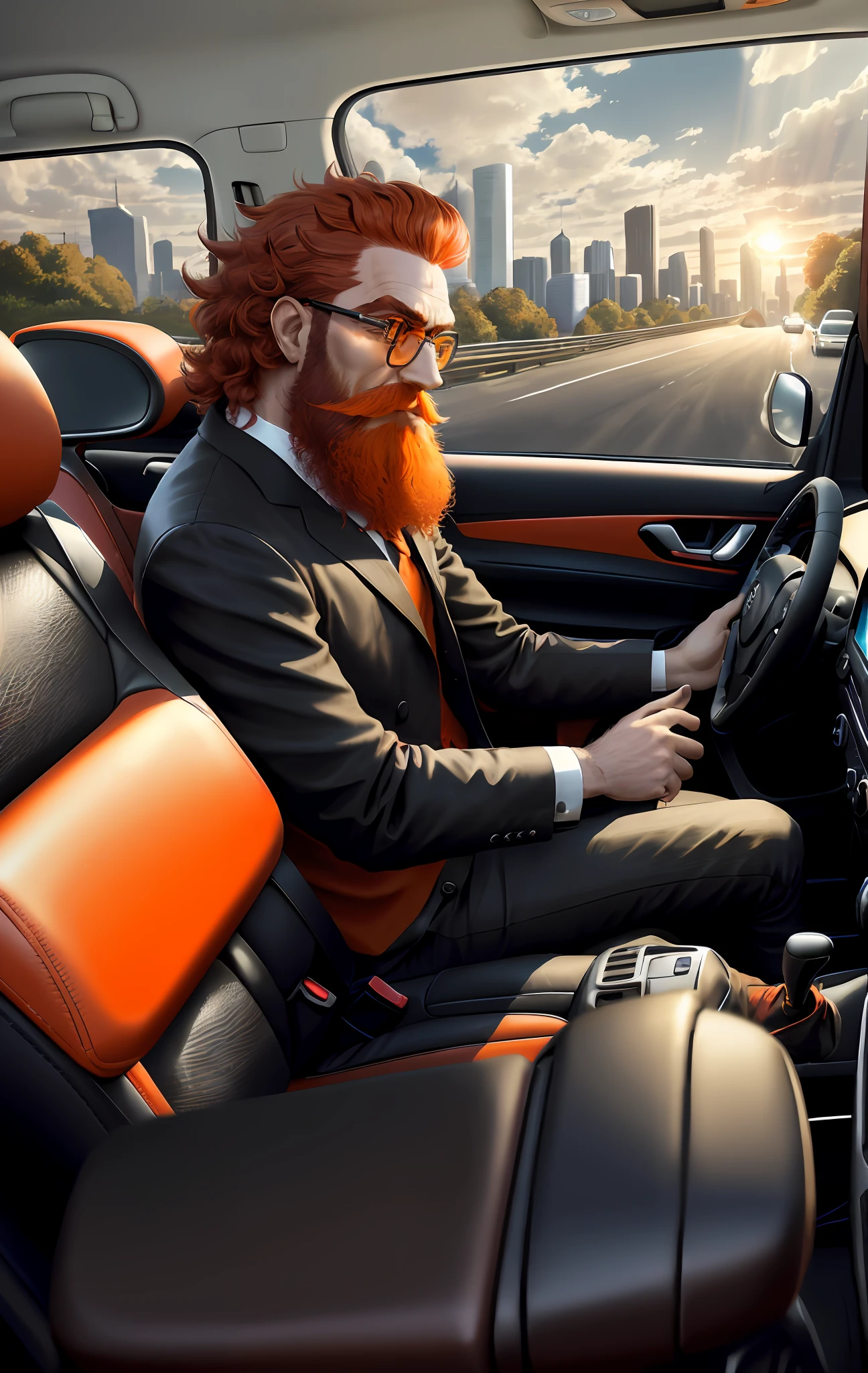 Car ride, citroen c4 VTR red, escort woman (medium hair, black, with tail, glasses), man driving(orange beard, dark brown tied hair, short), asphalt road (city on the sides), sun in the background with clouds.