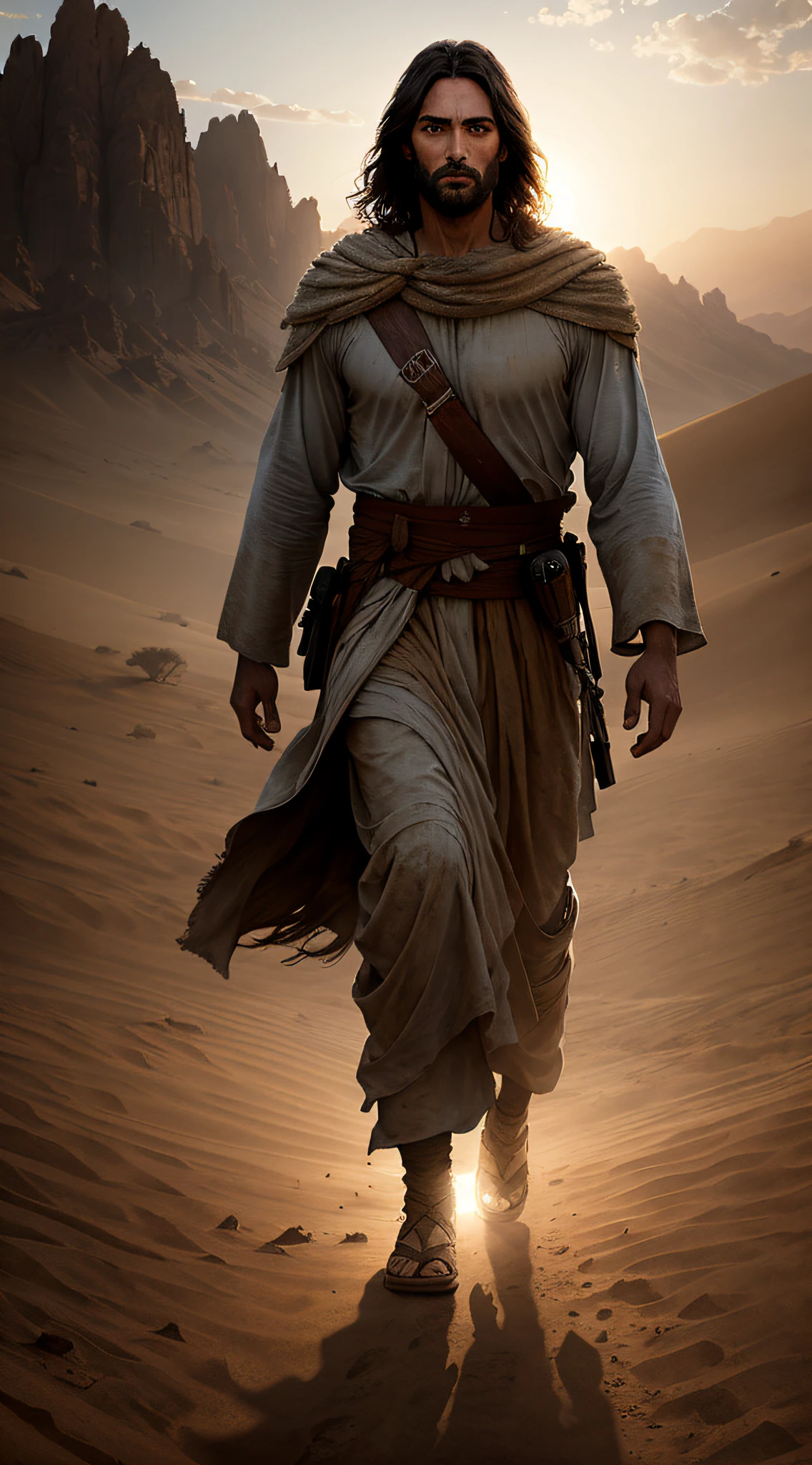 JESUS CHRIST walking in the hot desert dark photo: realistic epic, soft cinematic portrait, adobe lightroom, photographic lab, highly detailed, faded, art by greg rutkowski and artgerm ,neutral colors: 1,2), (hdr:1,4) , (soft colors:1.2), hyperdetailed, (artstation:1.4), cinematic, warm lights, dramatic light, (intricate details:1.1), complex background, (rutkowski:0.66), (blue and orange:0.4)