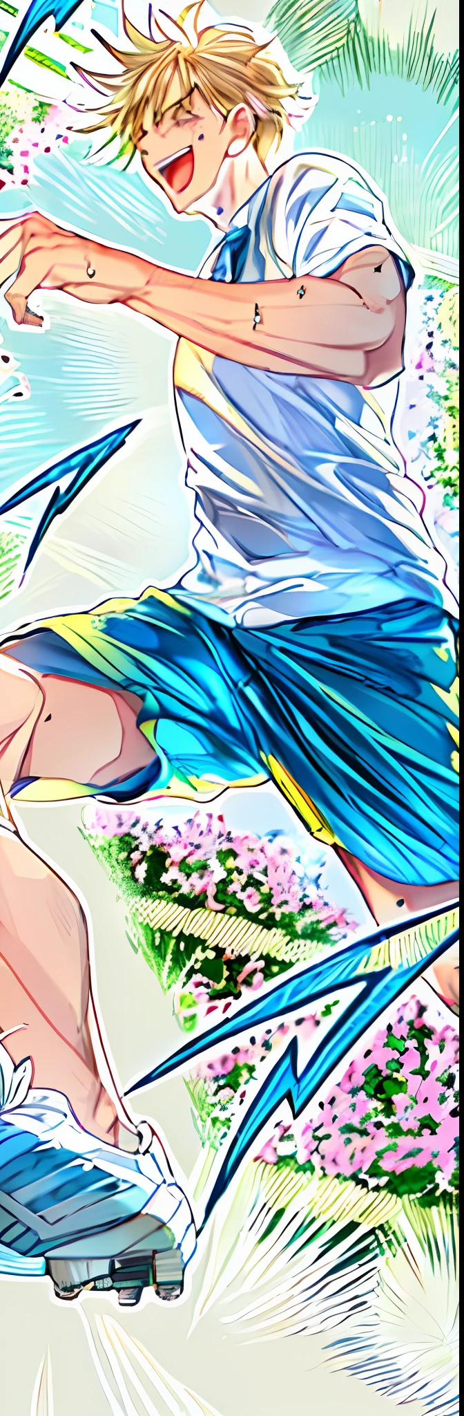 1boy, soccer, blonde hair, open mouth, light blue and white shirt, simple background, no background