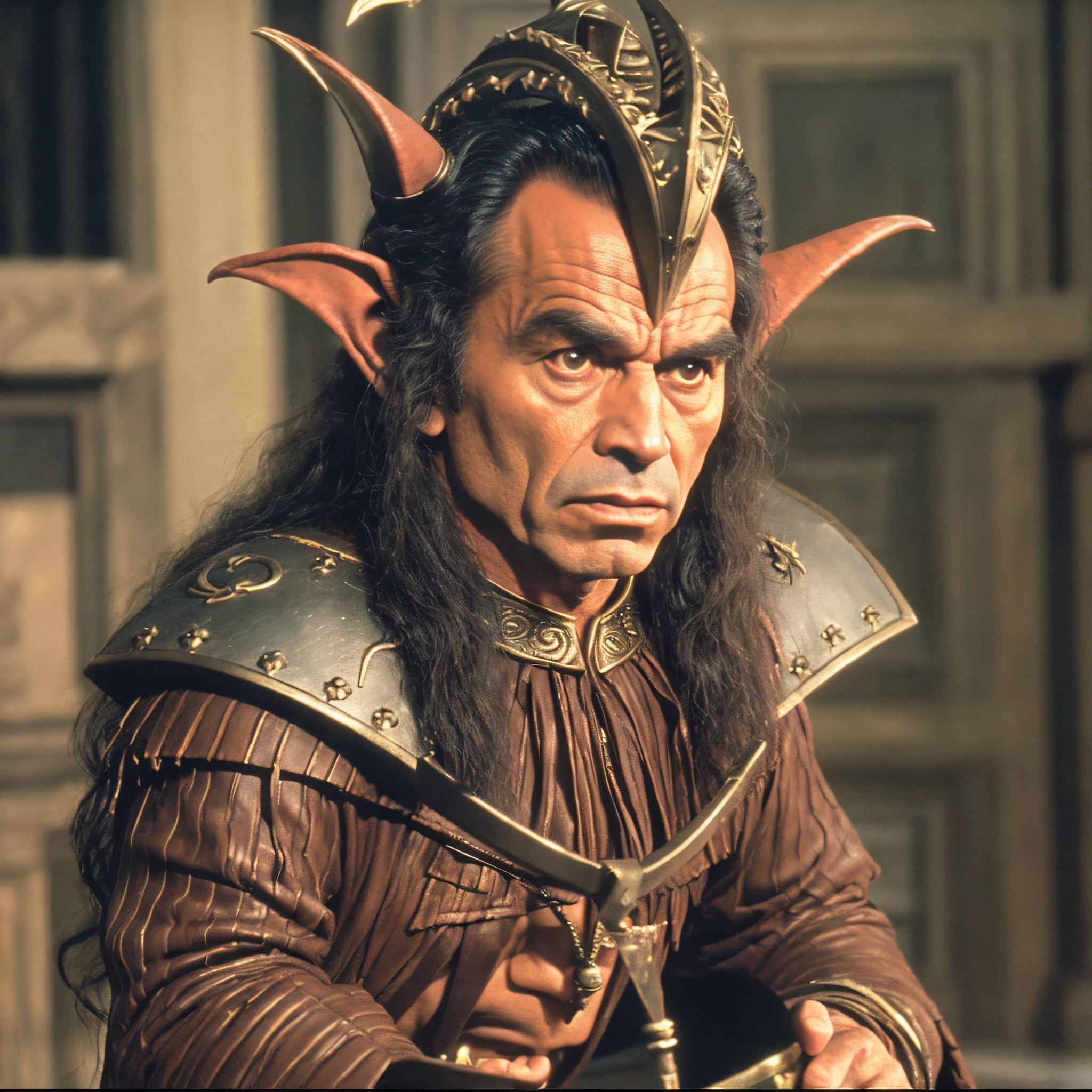 DVD screengrab from 80s dark fantasy film, Ronnie James Dio, in a chief goblin suit in a evil lair --auto --s2