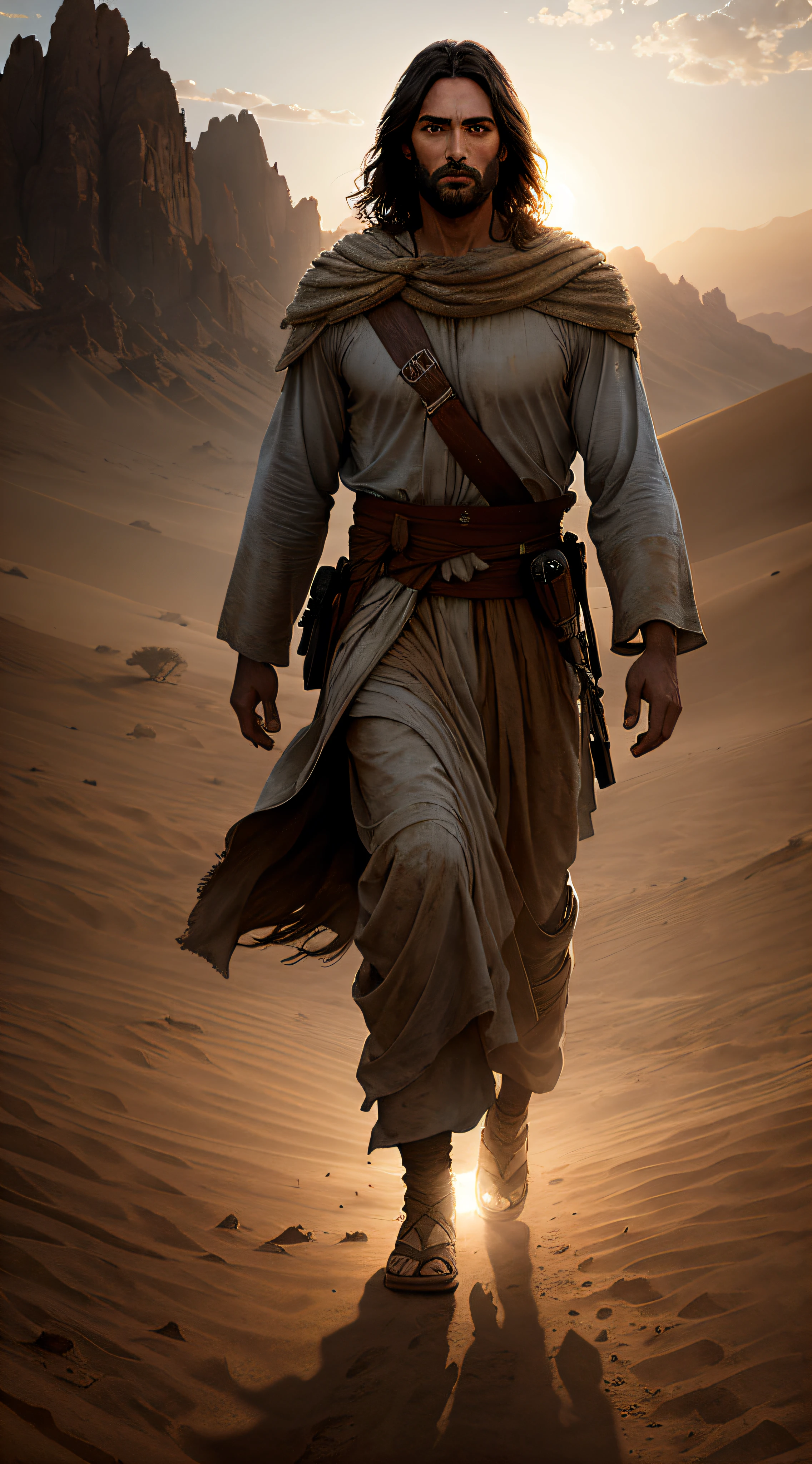 JESUS CHRIST walking in the hot desert dark photo: realistic epic, soft cinematic portrait, adobe lightroom, photographic lab, highly detailed, faded, art by greg rutkowski and artgerm ,neutral colors: 1,2), (hdr:1,4) , (soft colors:1.2), hyperdetailed, (artstation:1.4), cinematic, warm lights, dramatic light, (intricate details:1.1), complex background, (rutkowski:0.66), (blue and orange:0.4)
