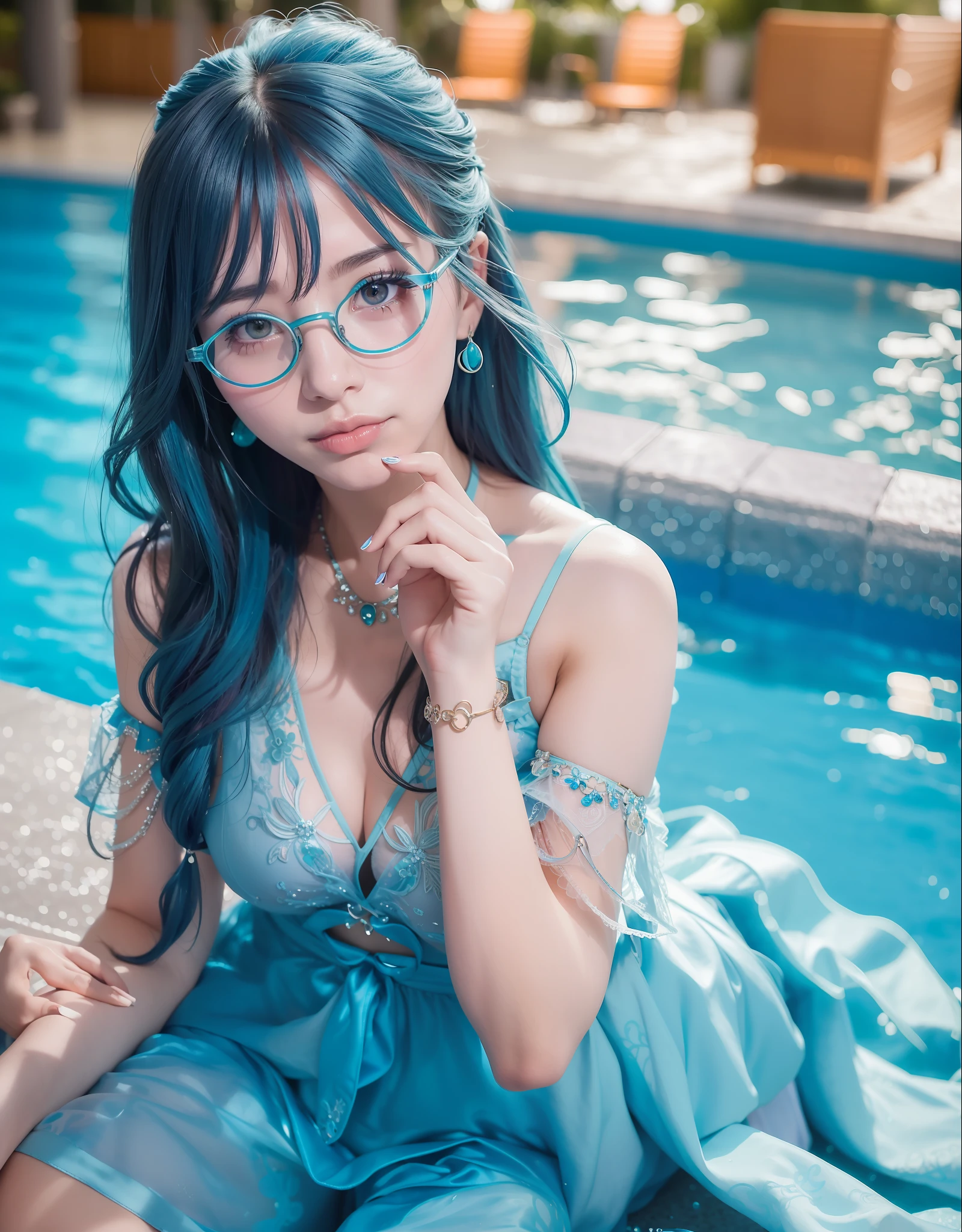 There is a woman sitting by the pool with glasses, Belle Delphine, anime girl cosplay, elegant and charming cosplay, with glasses, closeup fantasy with water magic, cosplay photos, asian female water element, pretty girl with blue hair, realistic young gravure idol, anime cosplay, charming cosplay, anime girl in real life, blue skin, seductive anime girl, big breasts