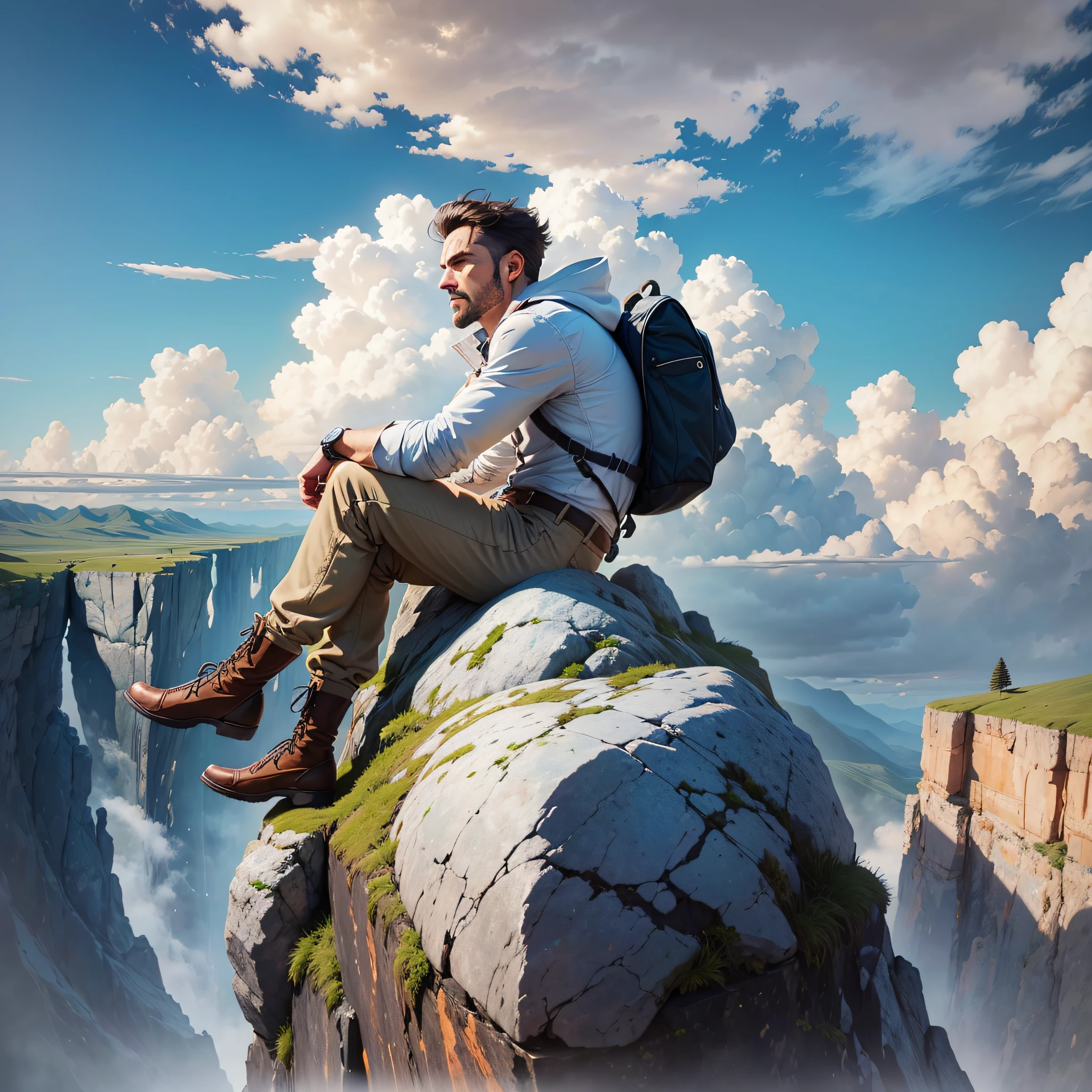 an image of a man thinking, sitting on a rock, in the background a blue sky, with clouds, realistic photo --auto --s2