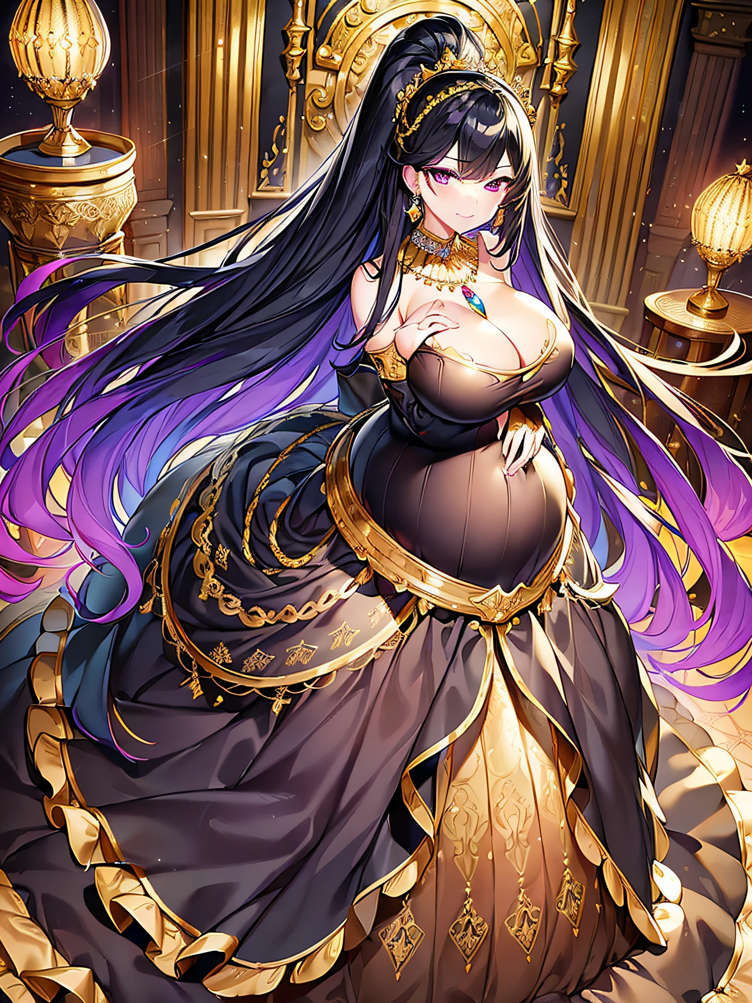 ((anime moe artstyle)),(((Masterpiece))), ((Best Quality)), ((Super Detail)), (Illustration), (((Very Delicate and Beautiful))),Dynamic Angle,Looking at viewer,((((Solo)))),((1 arrogant lady)),(((an arrogant beautiful pregnant empress))),(((heavily pregnant))),(last month of pregnancy),((((multiple pregnancy)))),(((Full body))),Standing,royal elegant pose,(arrogant),((haughty smile)),Purple eyes,(Sharp eyes),Detailed Face, Long Eyelashes,(Jet Black Hair),(Straight Hair),(((Very Long Hair))),Bangs between eyes, ((((gigantic breasts)))),cleavage,(skindentation),curvy,(ball gown with gorgeous embroidered black and gold ruffles),(gorgeous embroidered black and gold ball gown),(fluffy Black and gold ballgown with gorgeous embroidery),corset,((hoop skirt)),princess dress with lots of jewels,((gorgeous embroidery)),(gold trim),((crinoline)),opera gloves,finely decorated jeweled tiara, gem earrings,finely decorated necklace,Beautifully jeweled ornaments,indoor,royal ballroom,light particles,
