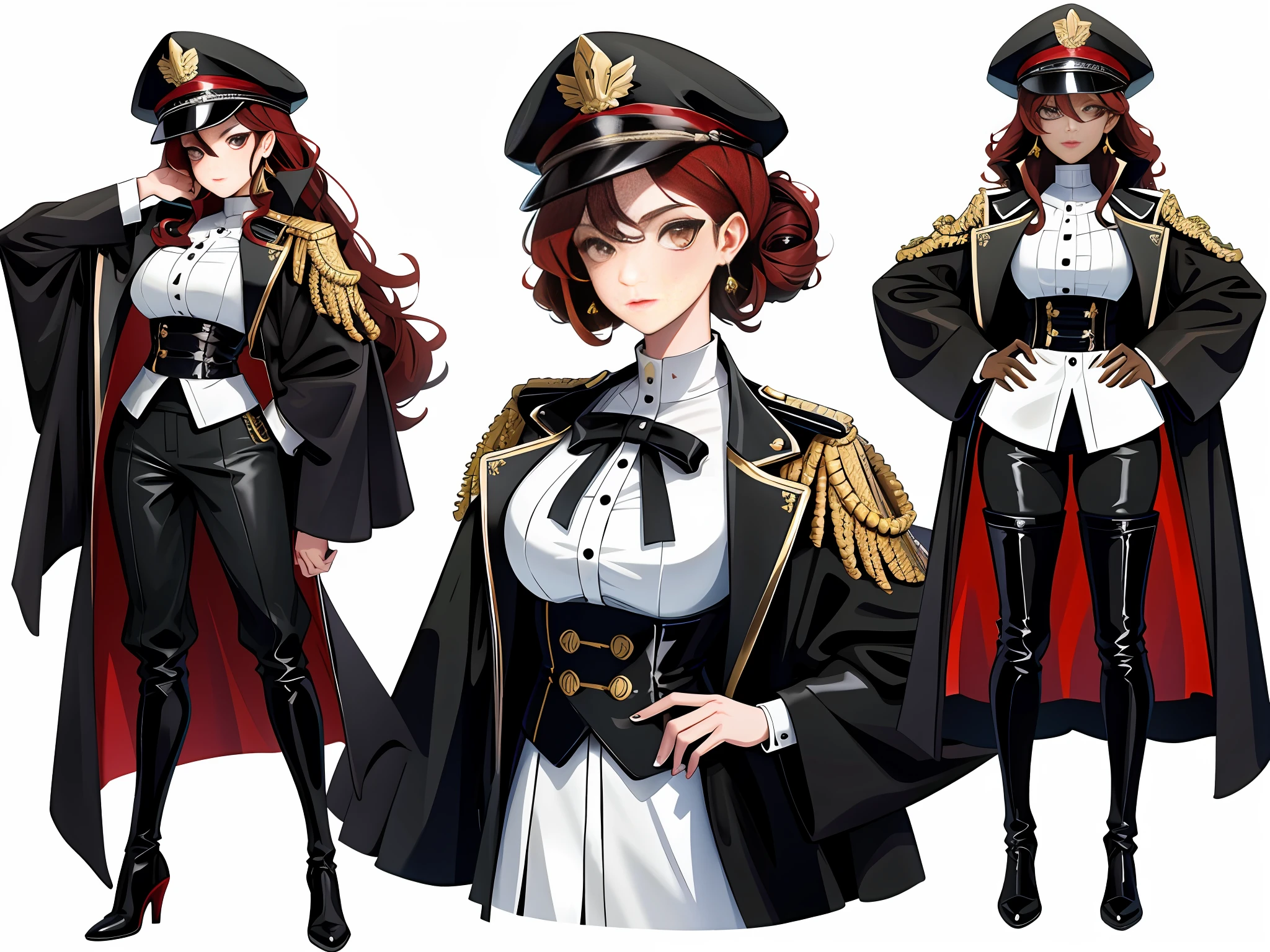 Masterpiece: 1.6, best quality: 1.4, live image: 1.2, intricate details: 1.2, charturnerv2: 1.2, 1lady full body character change,
Appearance: milf: 1.25, thin: 1.3, golden eyes, medium breasts, detailed eyes, quality eyes,
Clothing: elegant white military uniform, black long throw pants, long black thigh boots with laces and thick heels.
Accessories: black elegant military hat, black earrings. 
Hair: passion red hair, long curly hair.
Makeup: natural, shiny skin, red lips.
(single background, white background: 1.3), multiple views, multiple views of the same character in the same outfit: 1.3.