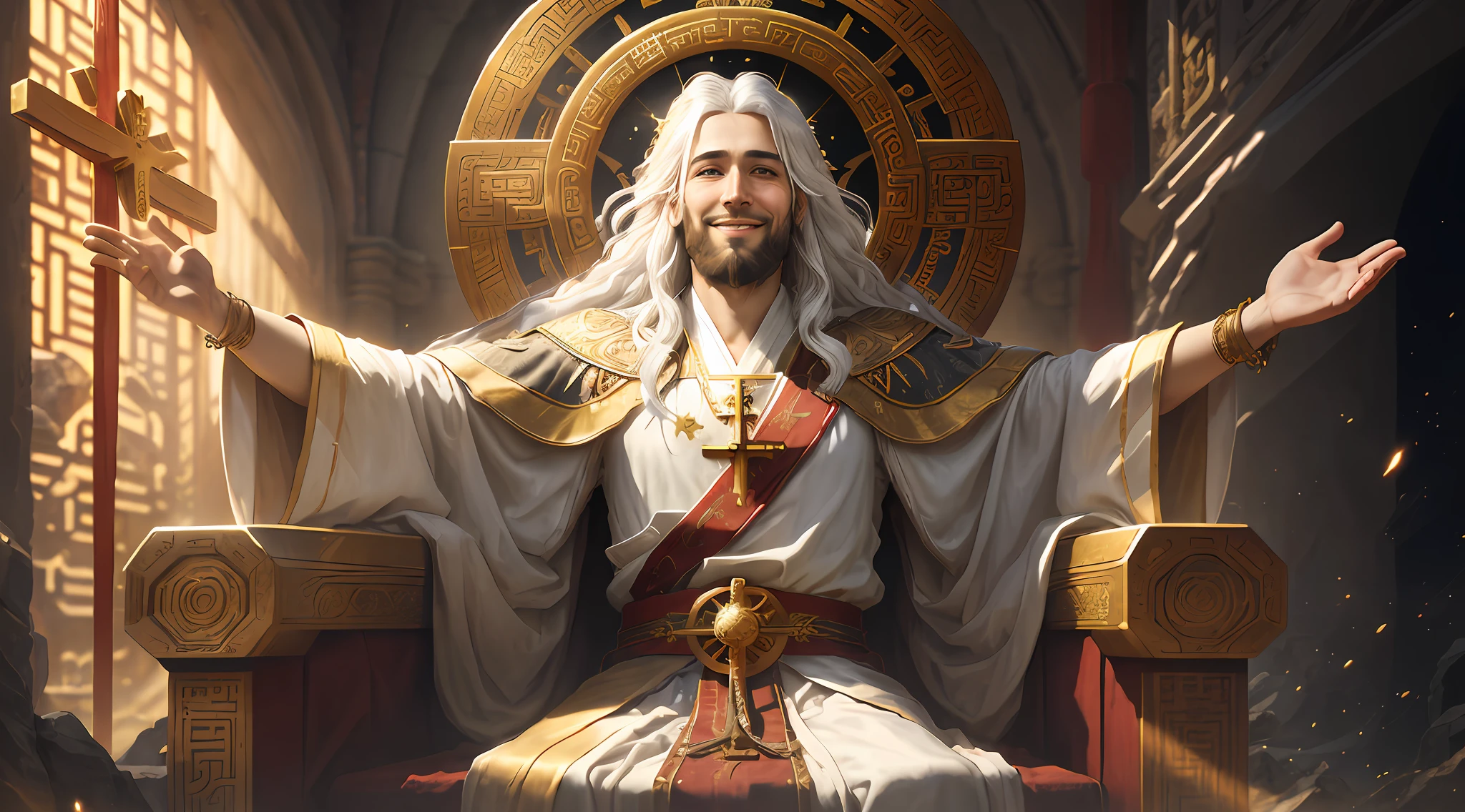 Young western Jesus glorified and divine with white hair and beard as there wearing a long powerful ancient Chinese robe, (beautiful and grand smiling:1.4) sitting on a golden heavenly throne, in (an ultra-detailed celestial and divine setting:0.2), a large golden cross behind the throne, high quality, digitalArt, rendered, showing the upper part of the body, Focus film, Depth of Field, HDR, arms outstretched with open hand inviting people, (photorealistic:0.3), extremely detailed, Photoshop, CGI, (intricate:0.2), (high detail:0.9), (dramatic:0.4), midjourney art, (volumetric lighting:0.3), crucifixion nail hole, shanders, Heavenly and Divine Illumination, (minimal details:0.9), realism, (shanders:0.3), Cinematic, (VFX:0.2)