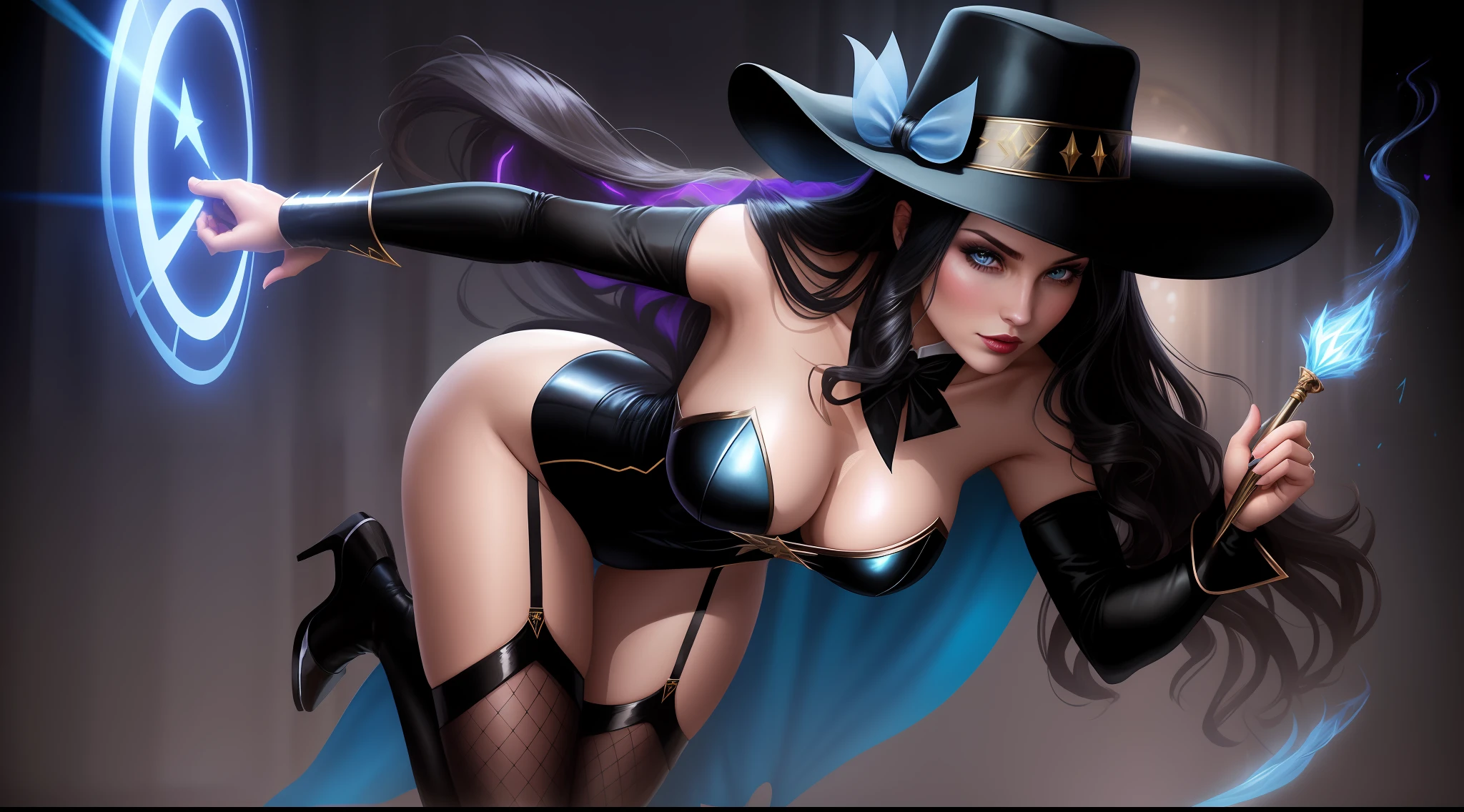 Generate an image of Zatanna Zatara, a sorceress from the DC Comics universe. He should have long black hair that falls in soft waves, and blue eyes that shine with magical power. She is dressed for her role as stage illusionist, with a black hat placed lightly sideways on her head, a white collared cape that falls down her shoulders, white gloves down to the elbow, and a black one-piece suit tight to the body that highlights her athletic figure. Her legs, adorned with fishnet stockings, end in high heels. Although it is not always necessary for his magic, in his hand he can hold a magic wand. The background is a theater stage, with bright lights and heavy curtains giving the backdrop for your performance. Her posture is confident and elegant, as befits her double life as a stage illusionist and a fighter against the dark arts, fullbody pose.