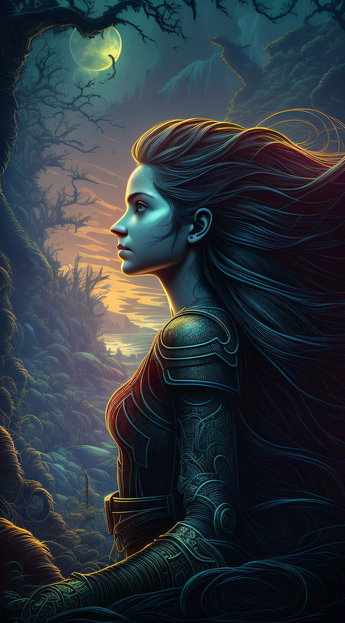 in profile (beautiful girl, 18 years old, looking at the horizon, with flowing dread hair:1.1) portrait, dark forest, waterfall, sunset, sharp symmetrical art art, dan mumford style, hdr, realism, dark fantasy atmosphere, lovecraft style, (JimJorCrafLogo art style:1.3), (near view),