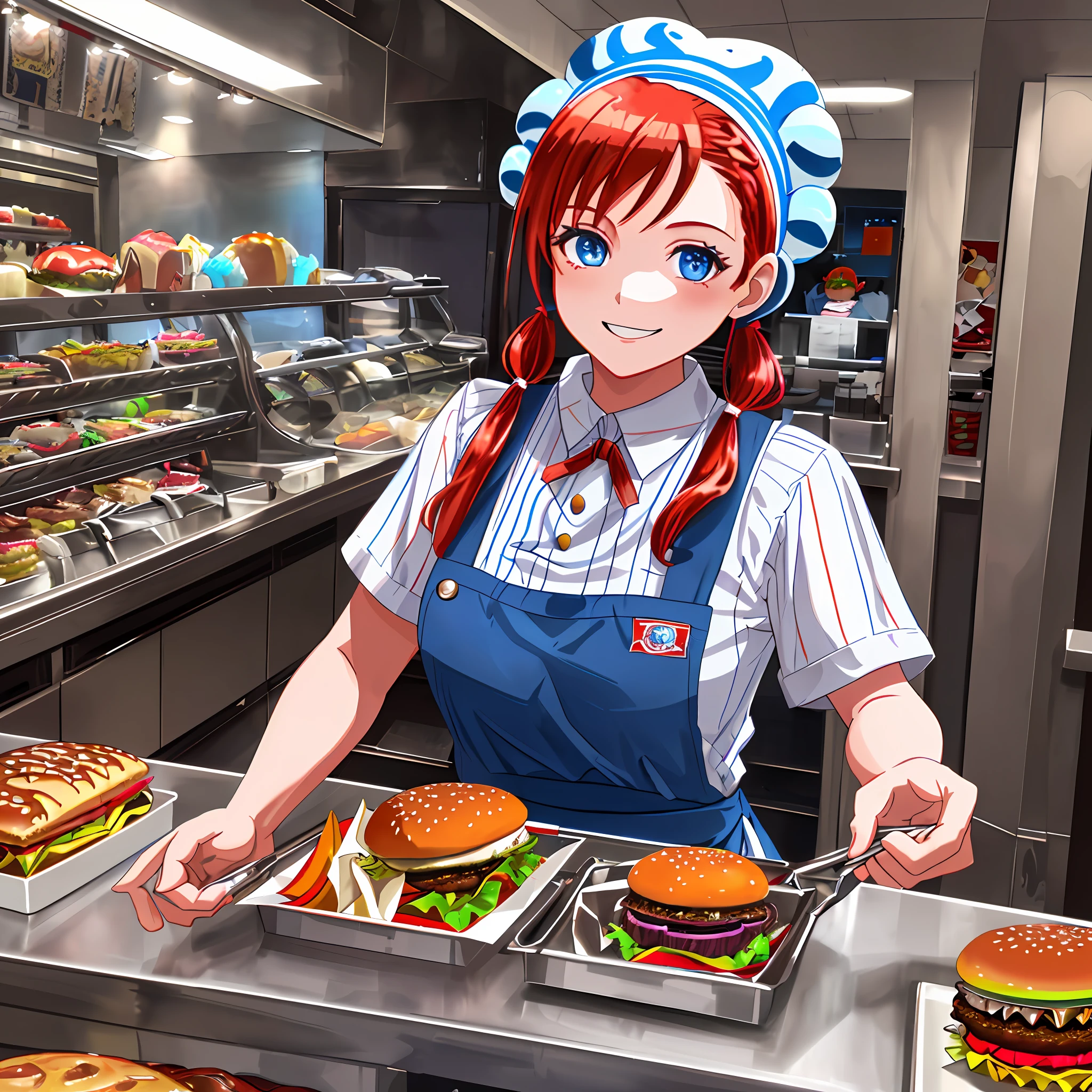 (dramatic illumination, dynamic angle, intense color contrast), (solo), (1female, white woman), (red hair in pigtails), (blue eyes), wearing blue striped shirt, wearing white apron, wearing blue pants, (wearing hamburger on her head:1.3), behind fast-food counter, smiling