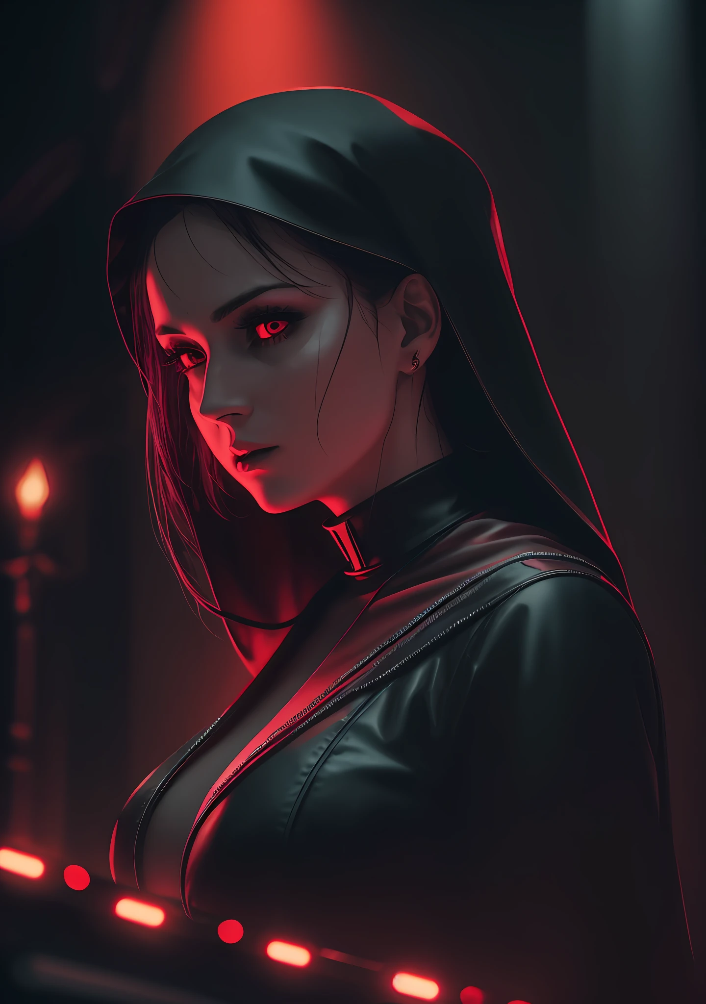 woman dj nun, dark, horror, red tones, gothic church in the background, ultra realistic, horror movie lighting, scary, chaos, neon lights in the background, huge breast, Fujifilm Fujichrome Provia 100F movie, flashlight, ultra realistic, 8K UHD. --auto --s2