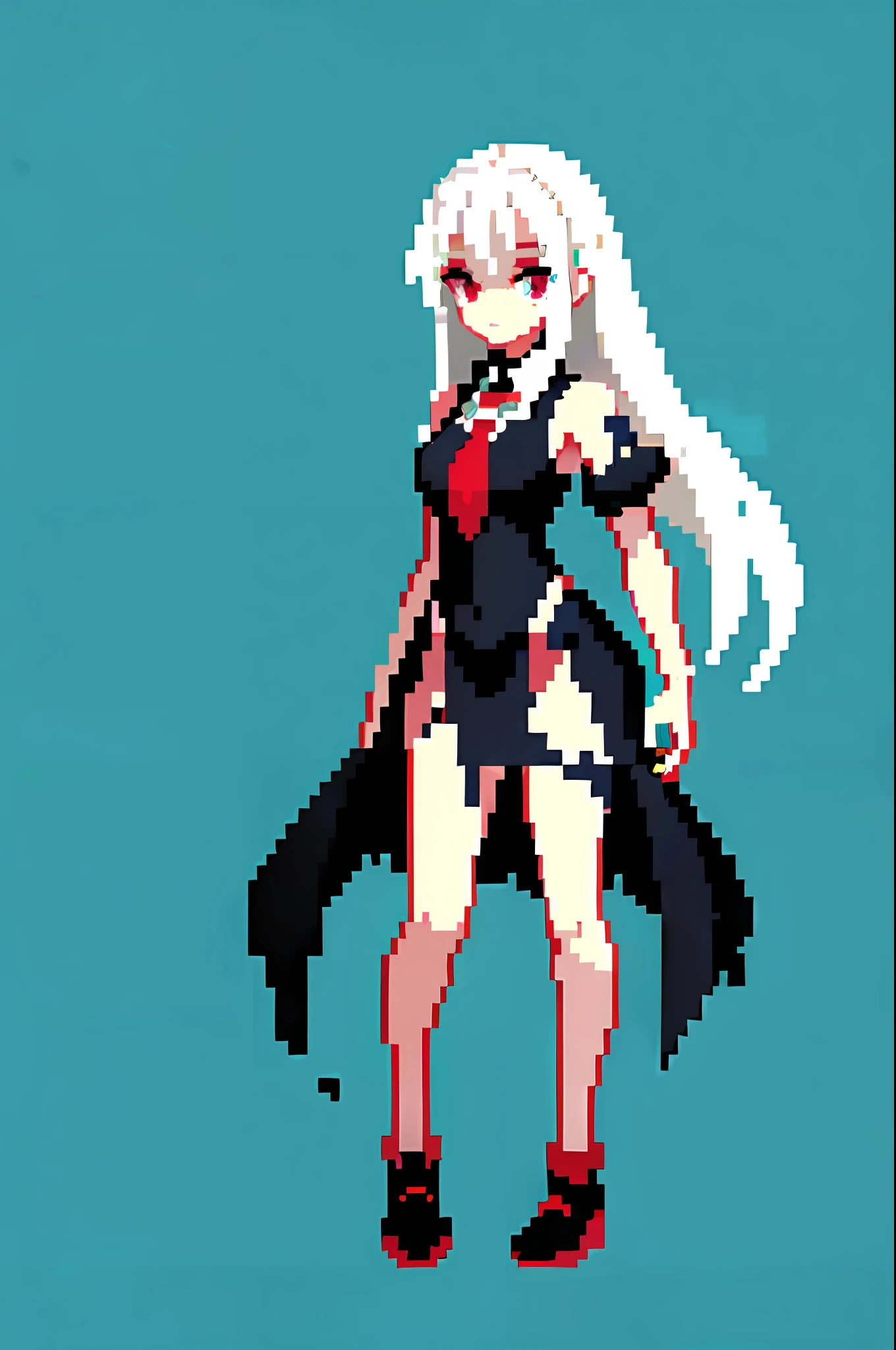 (masterpiece, top quality, best quality), pixel, pixel art, 1girl, full body, white hair, red eyes, torn clothes