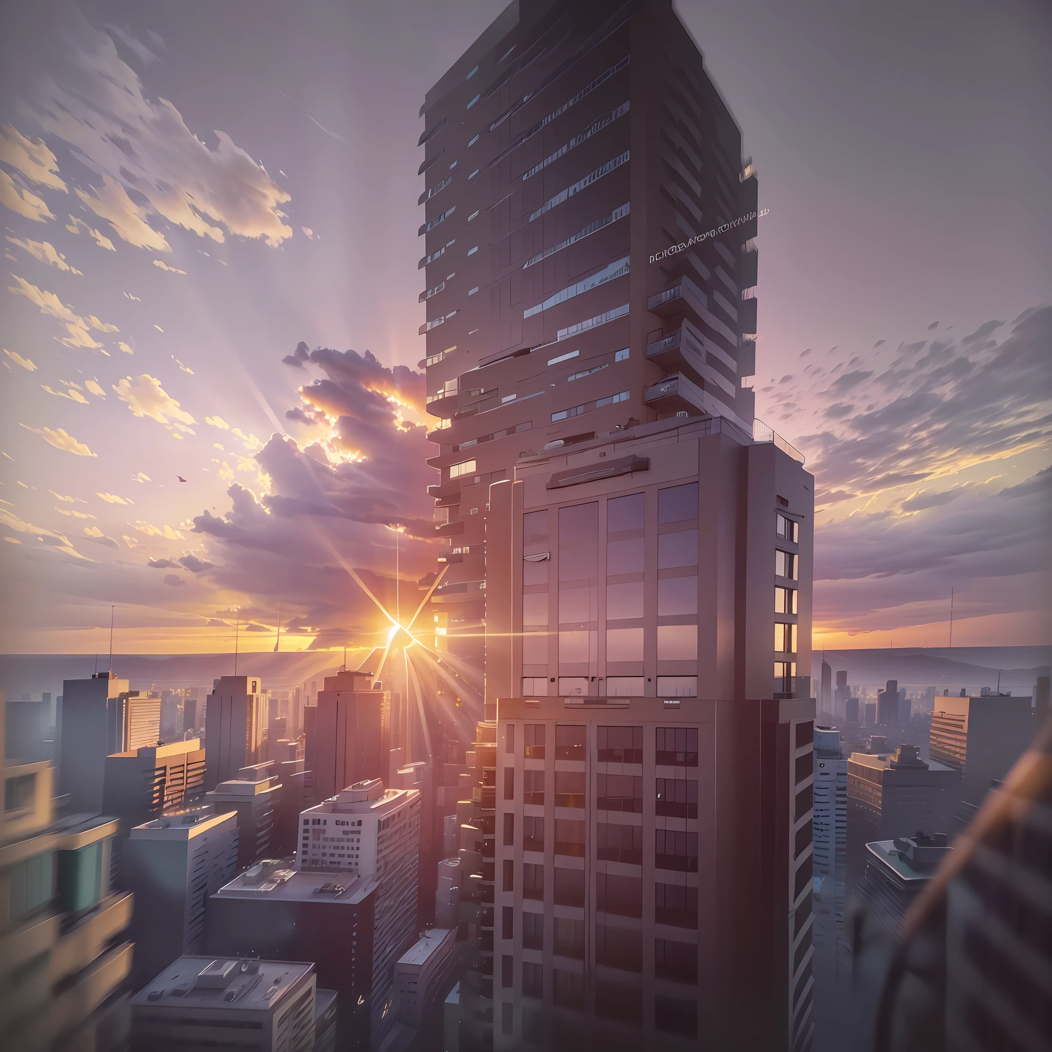 An image of a building in the late afternoon, with the sunset in the background and rays of light. This photo was taken from a drone flying 150m from the building next to the 12th floor, pointing the camera at the sunset. The lens used was a Zeins, with 2.8 aperture, iso 100 --auto --s2