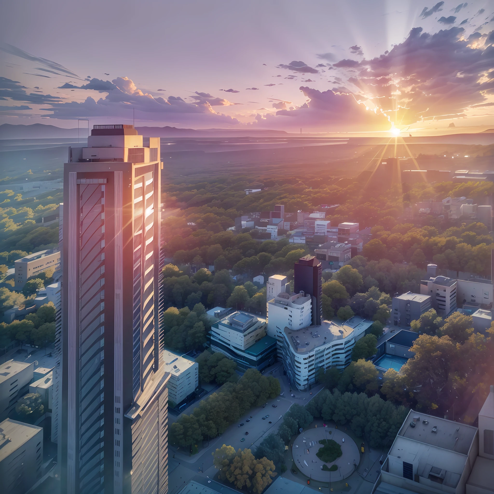 An image of a building in the late afternoon, with the sunset in the background and rays of light. This photo was taken from a drone flying 150m from the building next to the 12th floor, pointing the camera at the sunset. The lens used was a Zeins, with 2.8 aperture, iso 100 --auto --s2