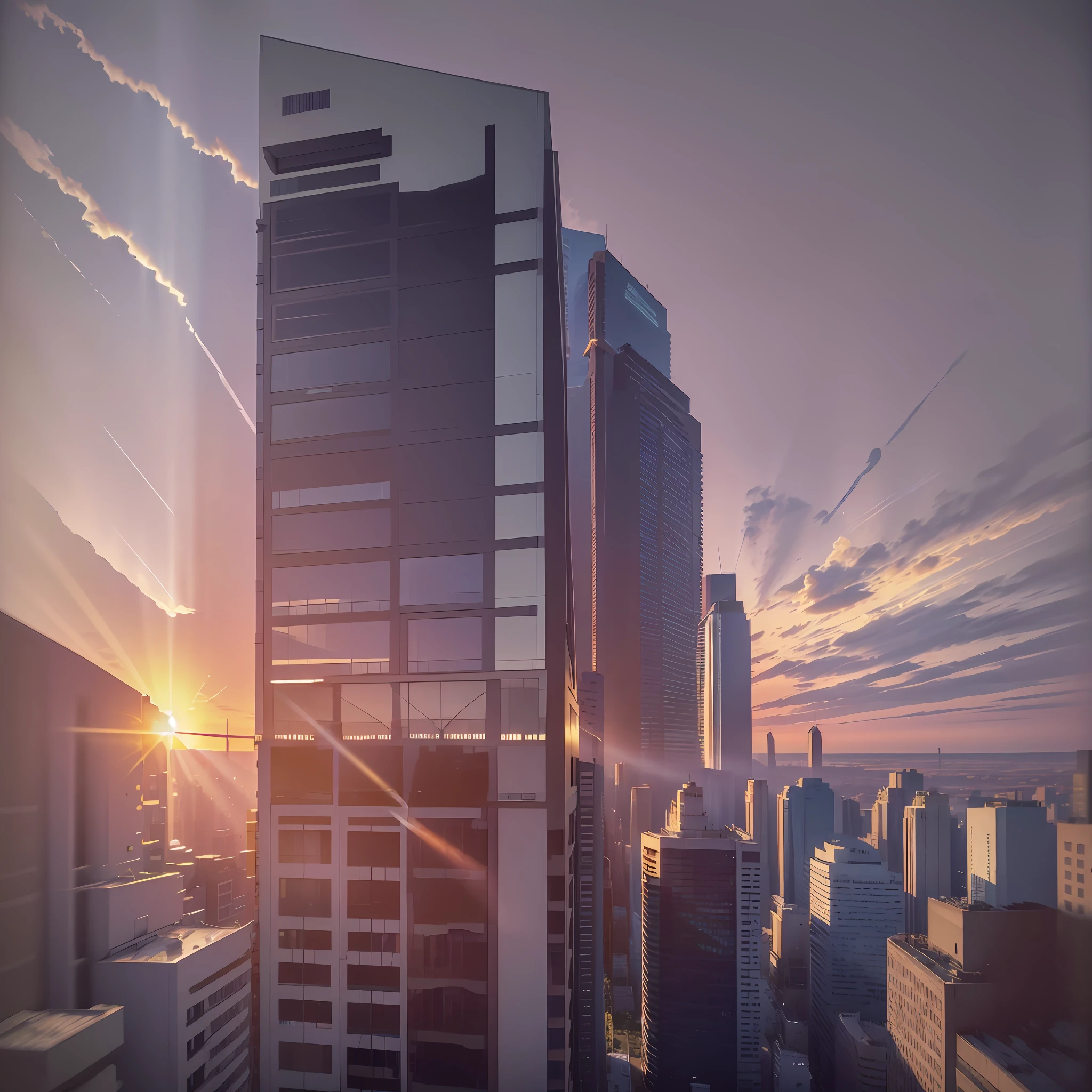 An image of a building in the late afternoon, with the sunset in the background and rays of light. This photo was taken from a drone flying 150m from the building next to the 12th floor, pointing the camera at the sunset. The lens used was a Zeins, with 2.8 aperture, iso 100 --auto --s2