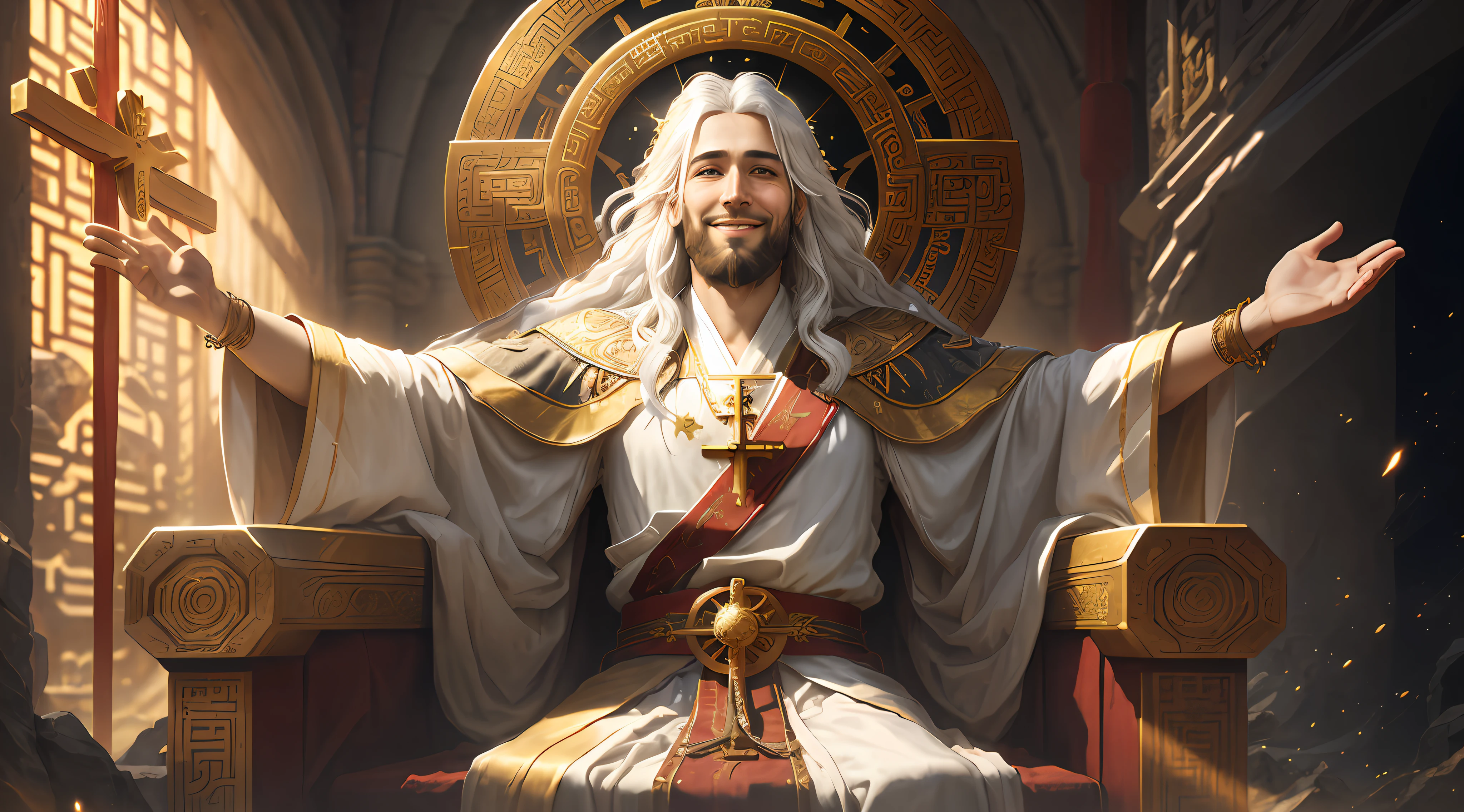 Young western Jesus glorified and divine with white hair and beard as there wearing a long powerful ancient Chinese robe, (beautiful and grand smiling:1.4) sitting on a golden heavenly throne, in (an ultra-detailed celestial and divine setting:0.2), a large golden cross behind the throne, high quality, digitalArt, rendered, showing the upper part of the body,  Focus film, Depth of Field, HDR, arms outstretched with open hand inviting people, (photorealistic:0.3), extremely detailed, Photoshop, CGI, (intricate:0.2), (high detail:0.9), (dramatic:0.4), midjourney art, (volumetric lighting:0.3), crucifixion nail hole, shanders, Heavenly and Divine Illumination, (minimal details:0.9), realism, (shanders:0.3), Cinematic, (VFX:0.2)