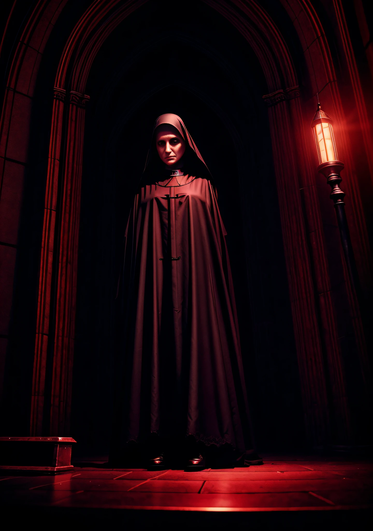 woman dj nun, dark, horror, red tones, gothic church in the background, ultra realistic, horror movie lighting, scary, chaos, Fujifilm Fujichrome Provia 100F movie, flashlight, ultra realistic, 8K UHD. --auto --s2