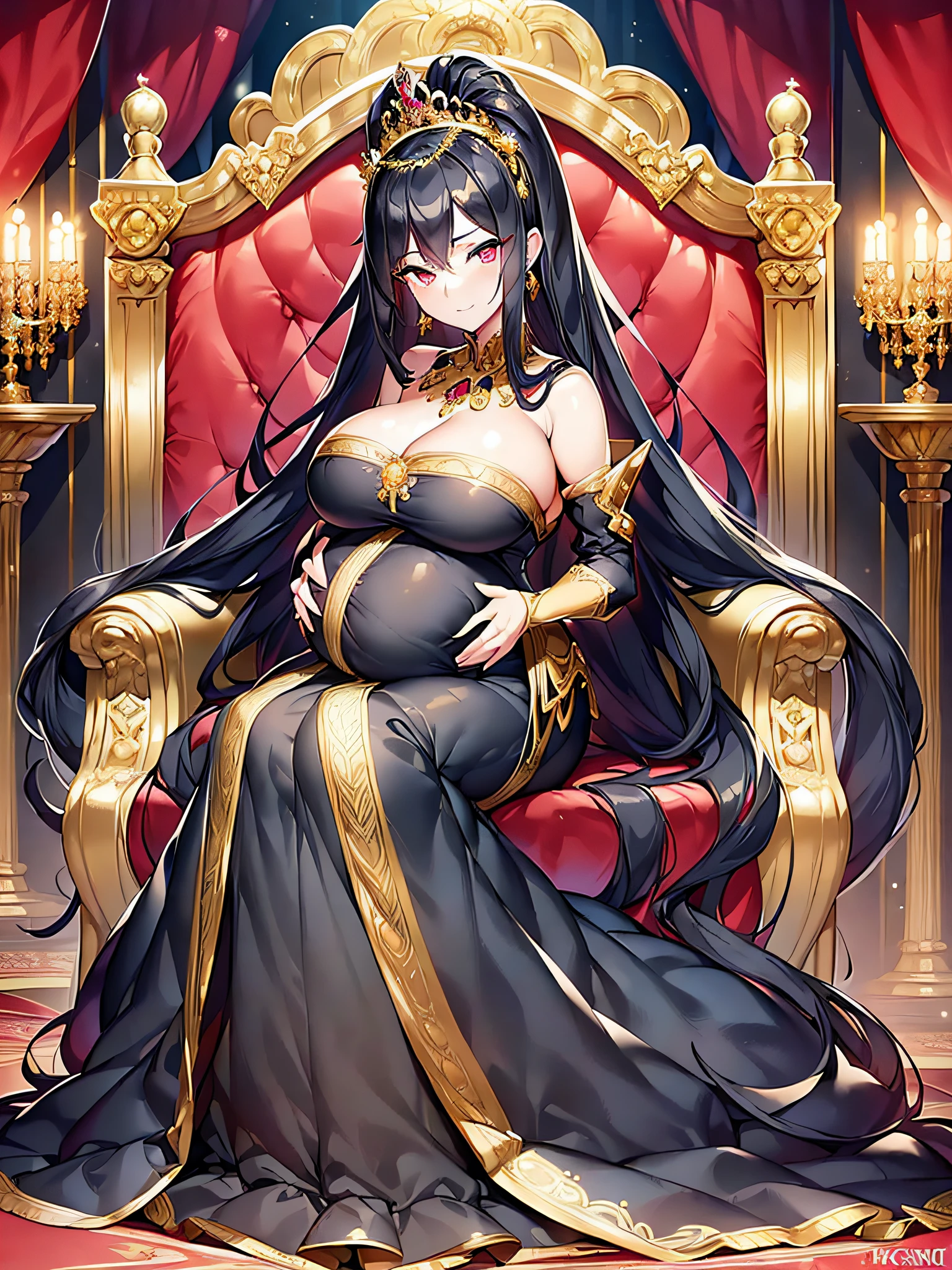 ((anime moe artstyle)),(((Masterpiece))), ((Best Quality)), ((Super Detail)), (Illustration), (((Very Delicate and Beautiful))),Dynamic Angle,Looking at viewer,((((Solo)))),((1 arrogant lady)),(((an arrogant beautiful pregnant empress))),(((heavily pregnant))),(last month of pregnancy),((((multiple pregnancy)))),(((Full body))),((throne)),((sitting on the throne)),royal elegant pose,(arrogant),((haughty smile)),Purple eyes,(Sharp eyes),Detailed Face, Long Eyelashes,(Jet Black Hair),(Straight Hair),(((Very Long Hair))),Bangs between eyes, ((((gigantic breasts)))),cleavage,(skindentation),curvy,(ball gown with gorgeous embroidered black and gold ruffles),(gorgeous embroidered black and gold ball gown),(fluffy Black and gold ballgown with gorgeous embroidery),corset,(hoop skirt),princess dress with lots of jewels,((gorgeous embroidery)),(gold trim),((crinoline)),opera gloves,finely decorated jeweled big tiara, gem earrings,finely decorated necklace,Beautifully jeweled ornaments,indoor,royal throneroom,light particles,