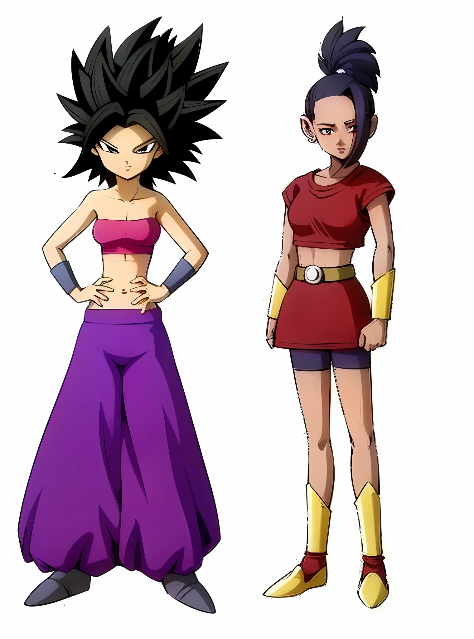 "Two women saiyan girls, in different clothes, ultra realistic, best character design, known as dragonball character, in a setting inspired by Dragon Ball Super."