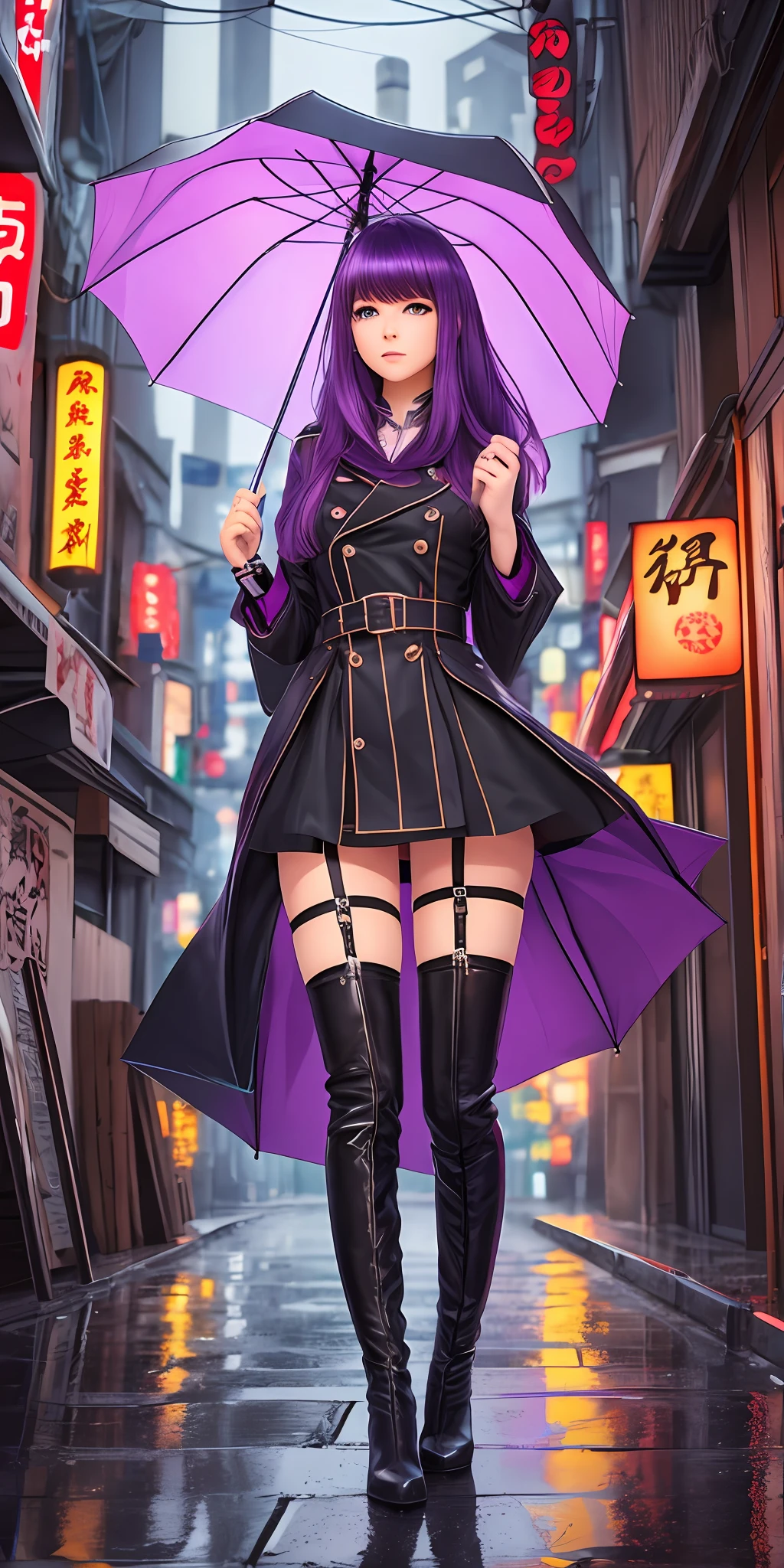 (best quality, masterpiece: 1.3), 1girl, rainy day, fog, alley, umbrella holding, large and transparent umbrella, looking at the viewer, purple hair, facing the photo, cyberpunk city, alone in the alley, kanji neon in the alley, very reflective city, long hair, mystery bangs, pubs, ramen street food, Japan, Tokyo, garter belt on legs, stockings, overknee boots, perfect hands, delicate, night --auto --s2