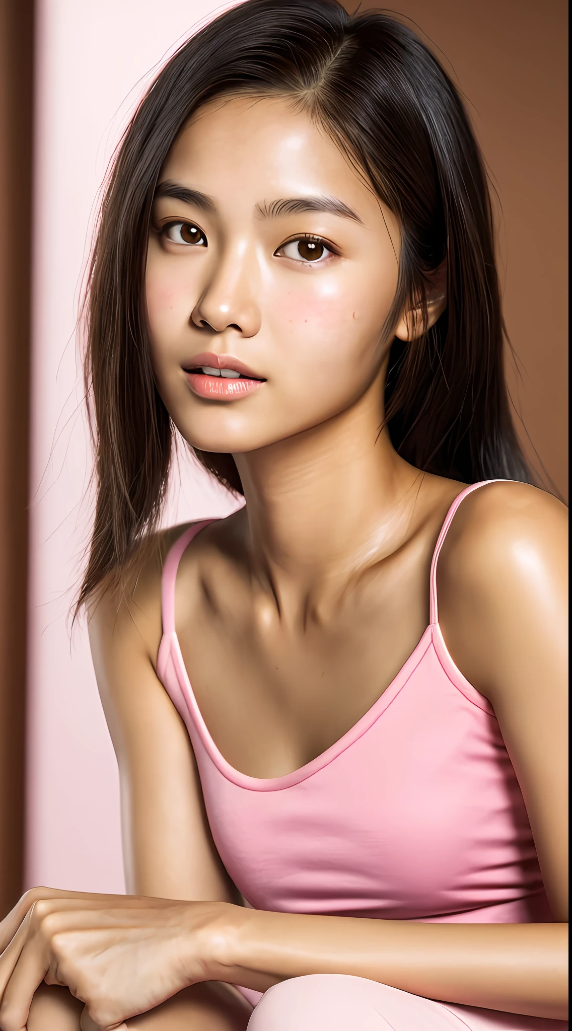 Thai Girl Tanned skin ,realistic photos of shoulder length hair, some makeup,, pink. Clear facial features, high resolution, sharp and realistic details, glare, optical illusion, UHD, Masterpiece, best quality, highres, 16k