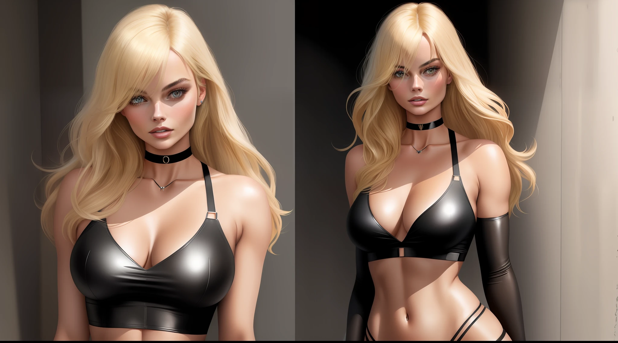 full-body potrait of a beautiful photorealistic woman. Margot Robbie. Medium-length blonde hair. Fringe. Slim body. Toned arms. Huge bust. Black choker on the neck. Black V-neck shirt