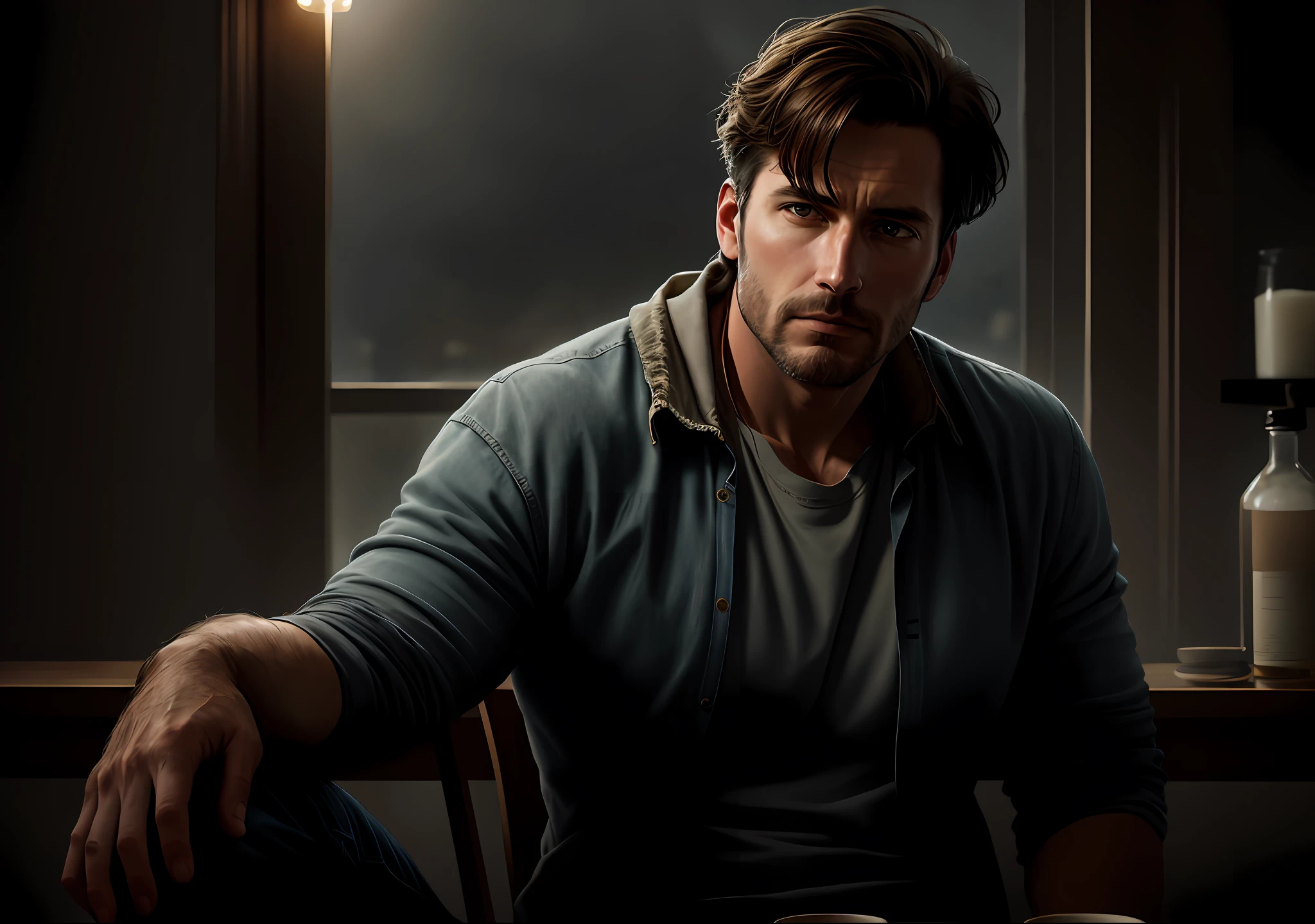 Tired, downcast man, sitting watching the horizon: realistic, soft cinematic portrait, adobe lightroom, photographic lab, highly detailed, faded, art by Greg Rutkowski and Artgerm ,neutral colors: 1,2), (HDR: 1,4) , (soft colors:1.2), hyperdetailed, (artstation:1.4), cinematic, warm lights, dramatic light, (intricate details:1.1), complex background, (rutkowski:0.66), (blue and orange:0.4)