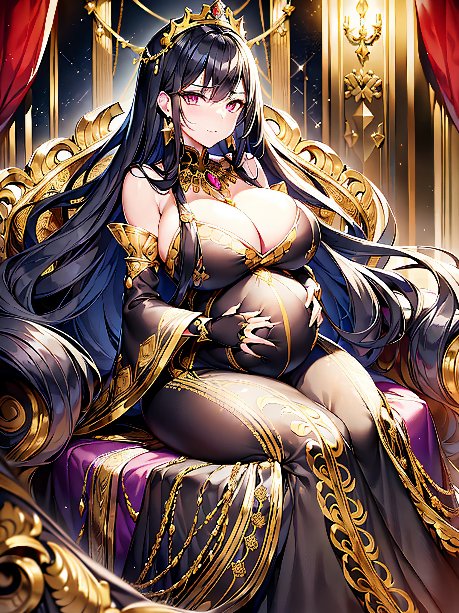 ((anime moe artstyle)),(((Masterpiece))), ((Best Quality)), ((Super Detail)), (Illustration), (((Very Delicate and Beautiful))),Dynamic Angle,Looking at viewer,((((Solo)))),((1 arrogant lady)),(((an arrogant beautiful pregnant empress))),(((heavily pregnant))),(last month of pregnancy),((((multiple pregnancy)))),(((Full body))),((gorgeous throne)),((sitting on the throne)),royal elegant pose,(arrogant),((haughty smile)),Purple eyes,(Sharp eyes),Detailed Face, Long Eyelashes,(Jet Black Hair),(Straight Hair),(((Very Long Hair))),Bangs between eyes, ((((gigantic breasts)))),cleavage,(skindentation),curvy,(ball gown with gorgeous embroidered black and gold ruffles),(gorgeous embroidered black and gold ball gown),(fluffy Black and gold ballgown with gorgeous embroidery),corset,(hoop skirt),princess dress with lots of jewels,((gorgeous embroidery)),(gold trim),((crinoline)),opera gloves,finely decorated jeweled big tiara, gem earrings,finely decorated necklace,Beautifully jeweled ornaments,indoor,royal throneroom,light particles,