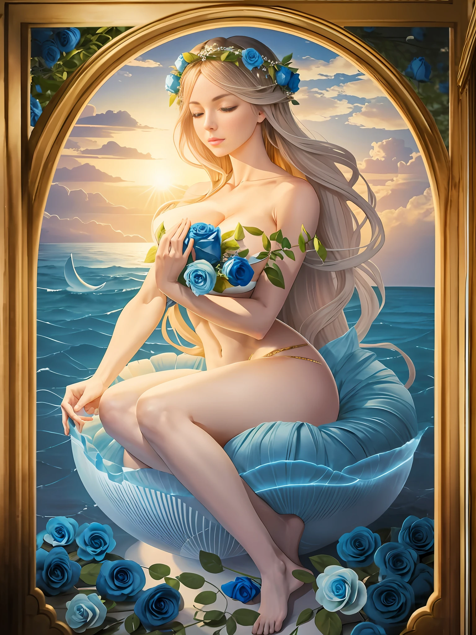 (perfect render Big breasts:1.5), (Blond hair:1.5), (Adult woman:1.5), (Large hips:1.5), (Perfect Legs: 1.5), (Perfect body:1.2), (slim waist:1.5), (flat belly:1.2), "Draw a scene depicting a variation of the 'Birth of Venus', inspired by the famous work of Sandro Botticelli. In this version, Venus is sitting gracefully on a giant shell, with her legs crossed in a meditation position. She's gently holding a wad of blue roses in her hands, while keeping her eyes closed and a serene expression on her face. The blue roses symbolize tranquility and inner peace. Be sure to capture the tranquility and grace in the traces of Venus, as well as the serene environment around you. The scene should be composed of soft colors and pastel tones, creating an atmosphere of calm and contemplation."