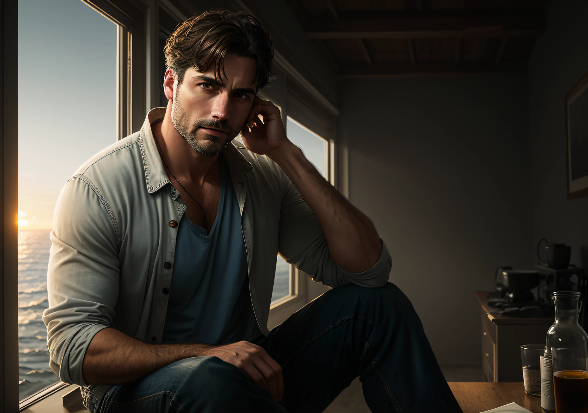 Tired, downcast man, sitting watching the horizon: realistic, soft cinematic portrait, adobe lightroom, photographic lab, highly detailed, faded, art by Greg Rutkowski and Artgerm ,neutral colors: 1,2), (HDR: 1,4) , (soft colors:1.2), hyperdetailed, (artstation:1.4), cinematic, warm lights, dramatic light, (intricate details:1.1), complex background, (rutkowski:0.66), (blue and orange:0.4)
