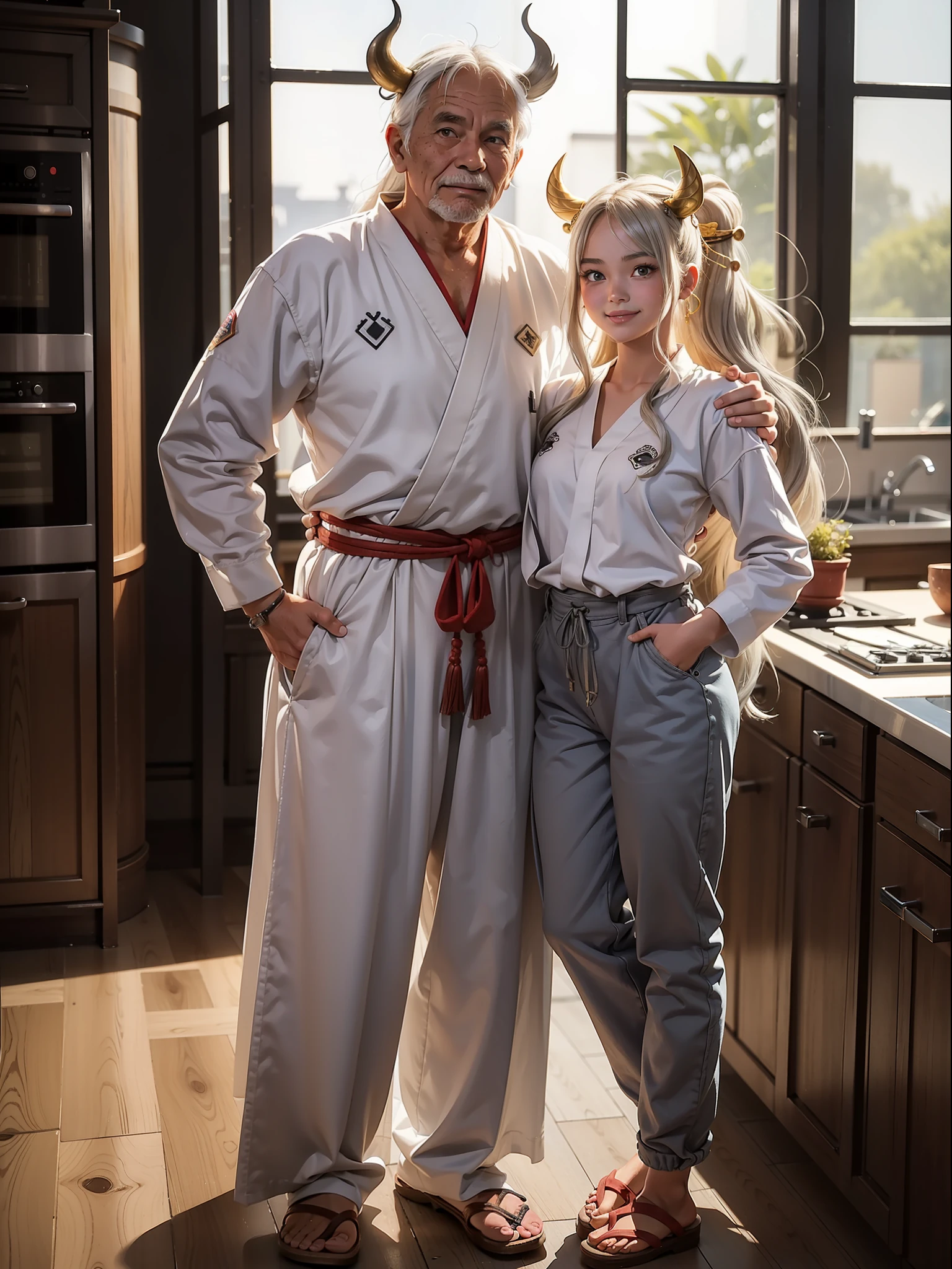 (full body/upright/standing view:1.5). (((A 19-year-old young woman/yamatowanpi and an old man))). They: are within a meter. She:{long blonde hair}. He:{gray hair}. She's smiling looking at the viewer, striking exhibitionist poses. He's hugging tightly.
