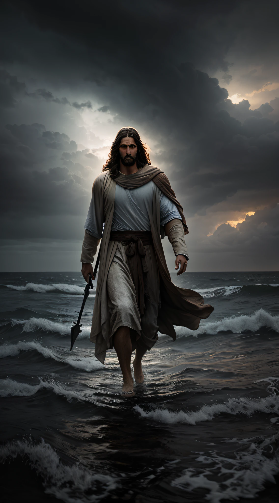 JESUS CHRIST walking on water amid the storm Dark photo: realistic epic, soft cinematic portrait, adobe lightroom, photographic lab, highly detailed, faded, art by Greg Rutkowski and Artgerm, neutral colors: 1.2), (HDR: 1.4), (soft colors:1.2), hyperdetailed, (artstation:1.4), cinematic, warm lights, dramatic light, (intricate details:1.1), complex background, (rutkowski:0.66), (blue and orange:0.4)
