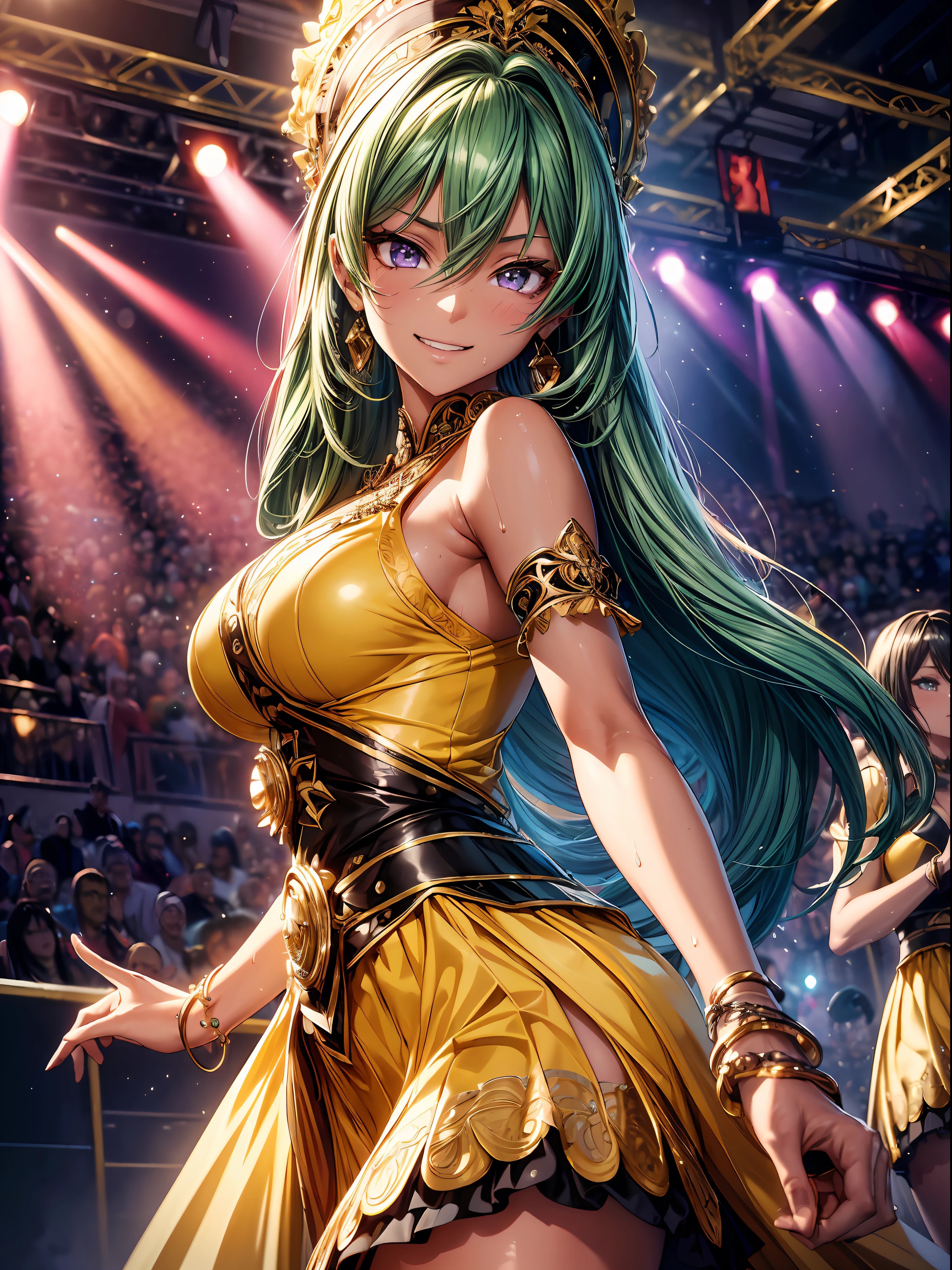 ((Best quality)), ((masterpiece)), ((highly intricate details)),beautiful, high quality, highres, absurdres, light difussion, intricate details, complex details, ((anime)), (anime:1.2) , (perfect face:1.3), extreme detailed eyes, colorful, highest detailed, vibrant colors, high contrast, (8K UHD:1.2), (photorealistic:1.2),(masterpiece:1.4), (best quality:1.4),extremely detailed wallpaper, highly detailed illustrations, (1 Girl), (best lighting) , (super-complex details) , 4K unified, (super-detailed CG: 1.2) , (8K: 1.2),(original), (masterpiece) , (best quality) , (reality: 1.3) , photorealistic, Octane rendering, (surreal: 1.2) , 1girl,  (natalia, dark skin, green hair, purple eyes, eyelashes, bracelet, jewelry, grin, sweat, detailed and beautiful yellow and red passion sexy idol costume), sing hard, multiple poses, multiple angle, (gleaming skin, shiny hair, detailed and beautiful shiny clothes), detailed and majestic stage, audience of fans