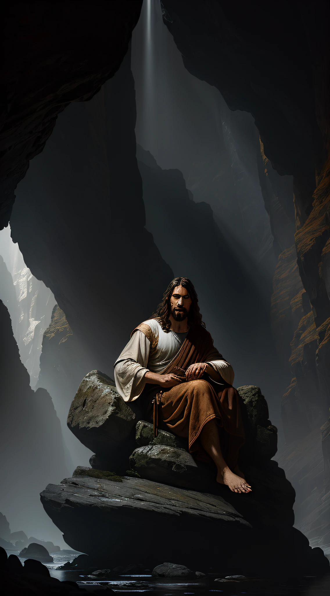 JESUS CHRIST sitting on a rock inside a cavewith natural lighting Dark photo: realistic epic, soft cinematic portrait, adobe lightroom, photographic lab, highly detailed, faded, art by Greg Rutkowski and Artgerm ,neutral colors: 1,2), (HDR: 1,4) , (soft colors:1.2), hyperdetailed, (artstation:1.4), cinematic, warm lights, dramatic light, (intricate details:1.1), complex background, (rutkowski:0.66), (blue and orange:0.4)