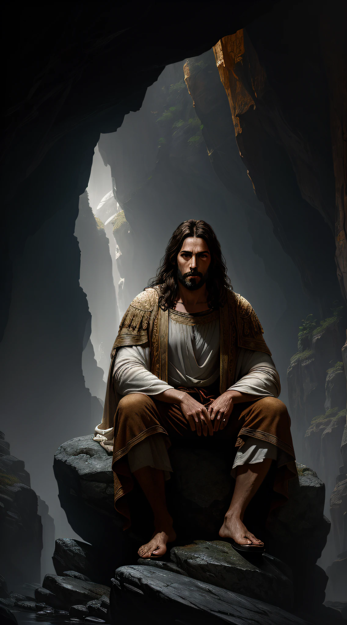 JESUS CHRIST sitting on a rock inside a cavewith natural lighting Dark photo: realistic epic, soft cinematic portrait, adobe lightroom, photographic lab, highly detailed, faded, art by Greg Rutkowski and Artgerm ,neutral colors: 1,2), (HDR: 1,4) , (soft colors:1.2), hyperdetailed, (artstation:1.4), cinematic, warm lights, dramatic light, (intricate details:1.1), complex background, (rutkowski:0.66), (blue and orange:0.4)