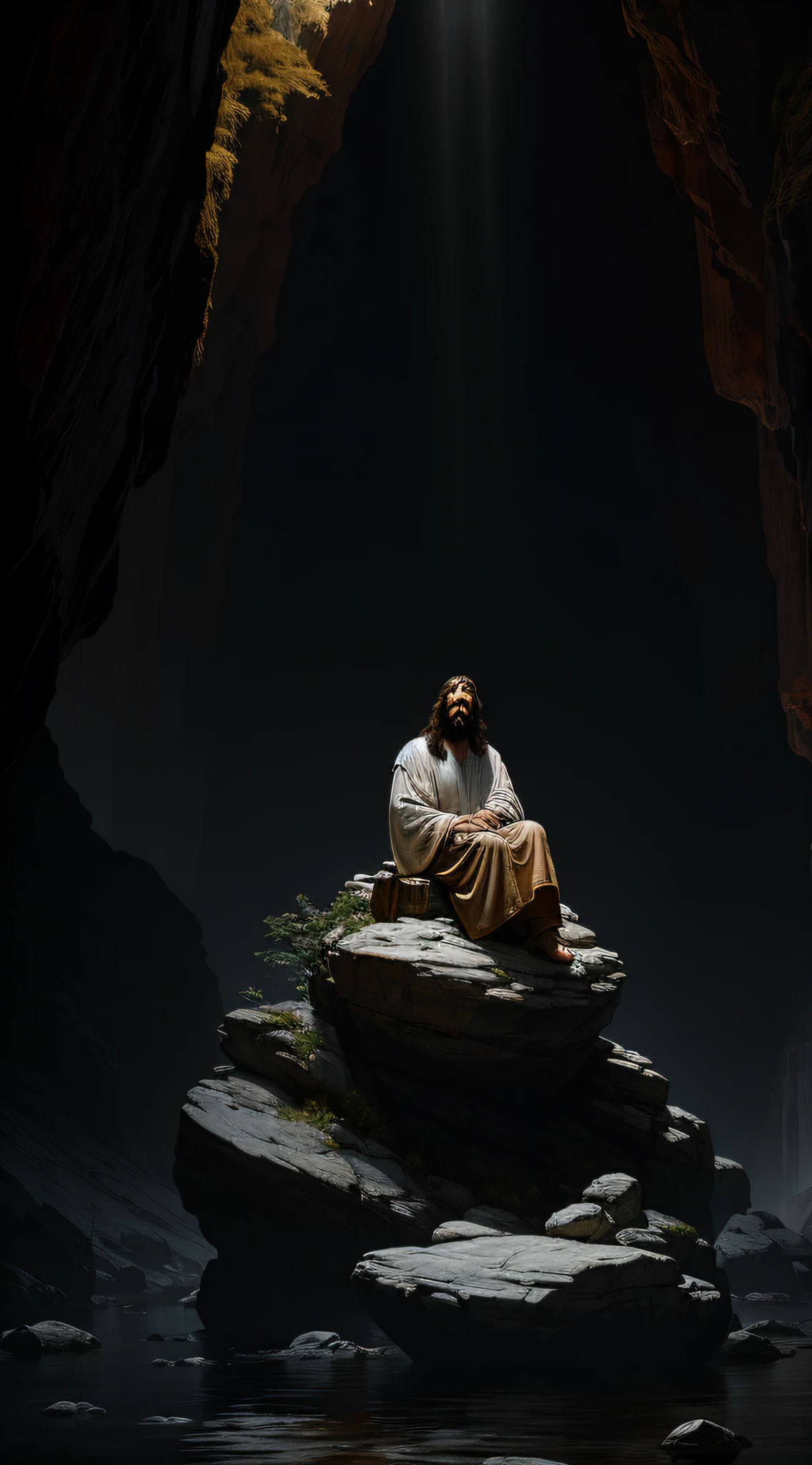 JESUS CHRIST sitting on a rock inside a cavewith natural lighting Dark photo: realistic epic, soft cinematic portrait, adobe lightroom, photographic lab, highly detailed, faded, art by Greg Rutkowski and Artgerm ,neutral colors: 1,2), (HDR: 1,4) , (soft colors:1.2), hyperdetailed, (artstation:1.4), cinematic, warm lights, dramatic light, (intricate details:1.1), complex background, (rutkowski:0.66), (blue and orange:0.4)