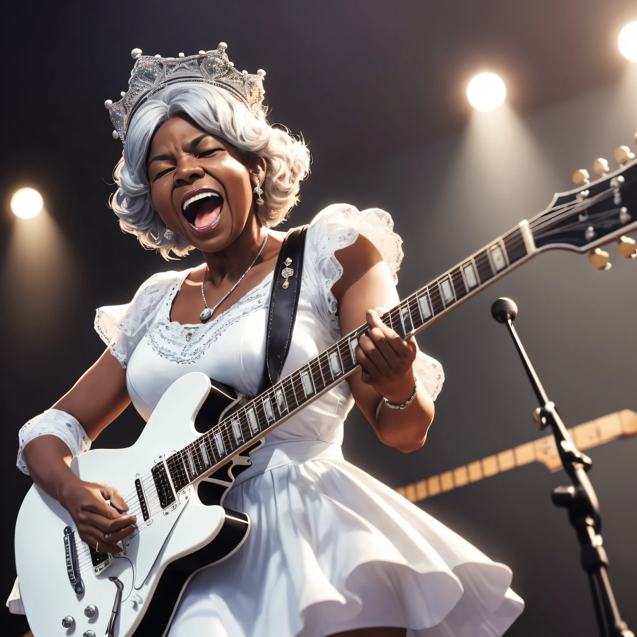 capture an image of guitarist rosetta Tharpe playing a white Gibson SG electric guitar, silver hair, crown, screaming, cinematic lighting, motion blur, masterpiece, UHD, high details --auto --s2